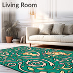 Whimsical Cream Cats Floral Swirl Green Rug