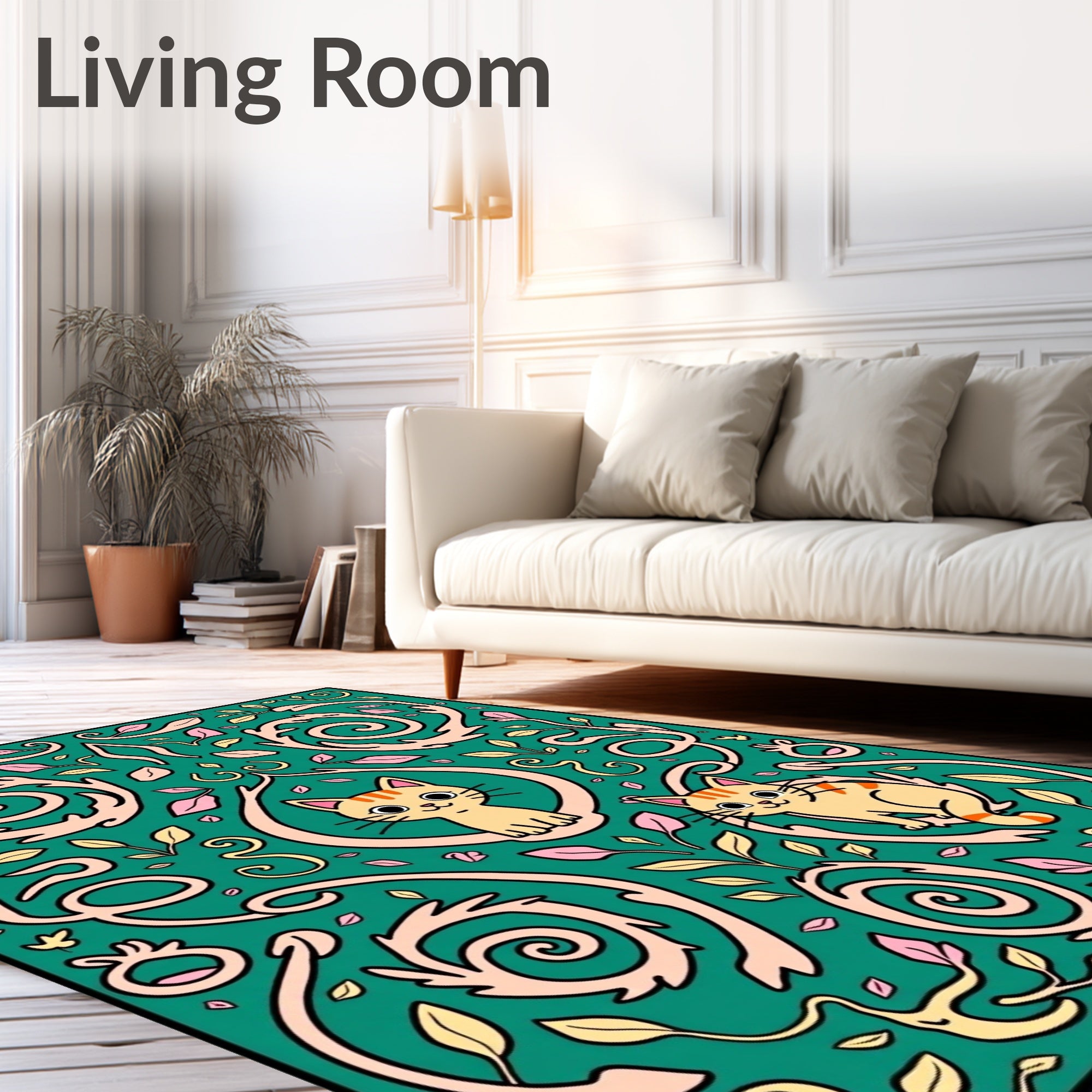 Whimsical Cream Cats Floral Swirl Green Rug