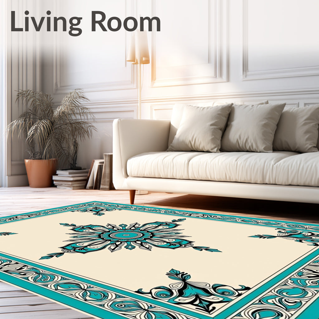Turquoise Floral Medallion Classic Border Rug