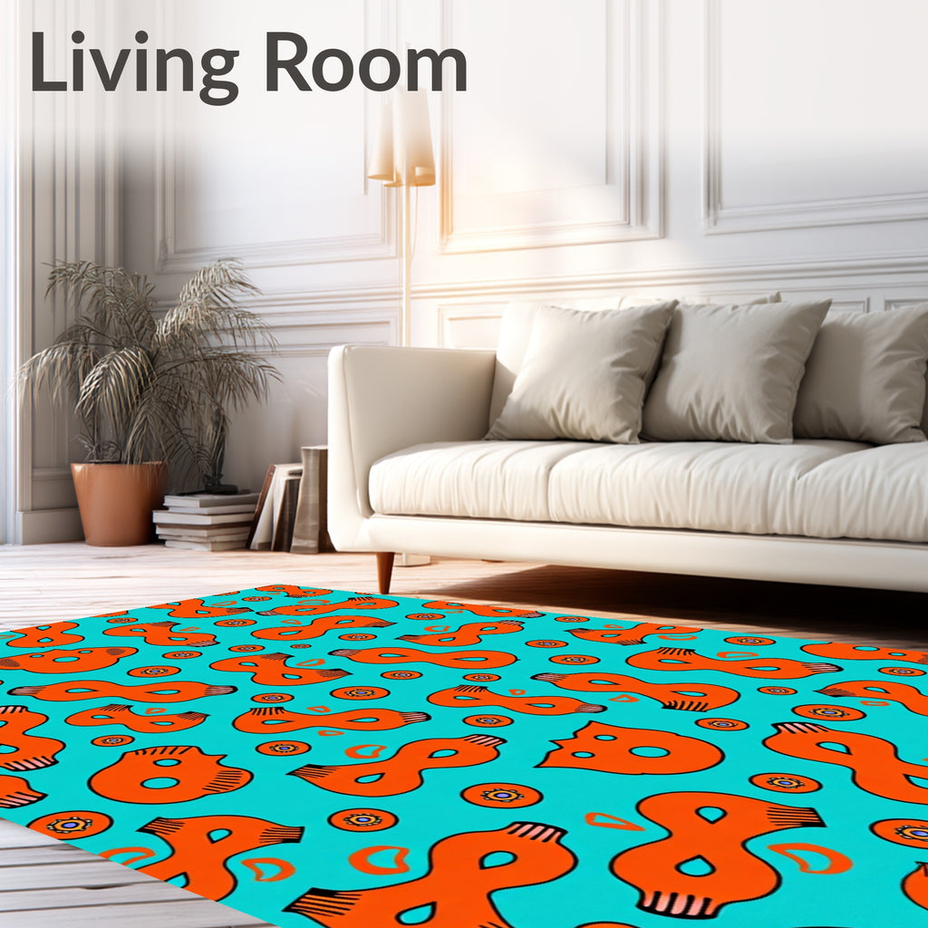 Aqua Orange Abstract Figure Medallion Collage Rug