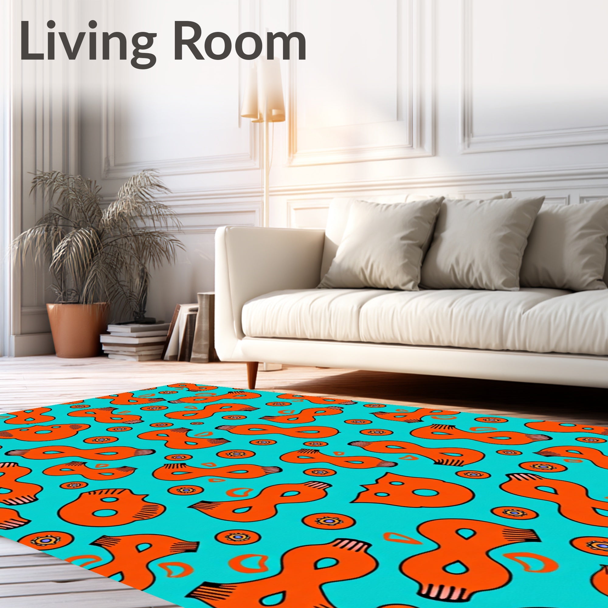 Aqua Orange Abstract Figure Medallion Collage Rug