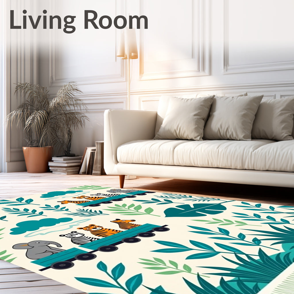 Jungle Animals On Train Teal Rug