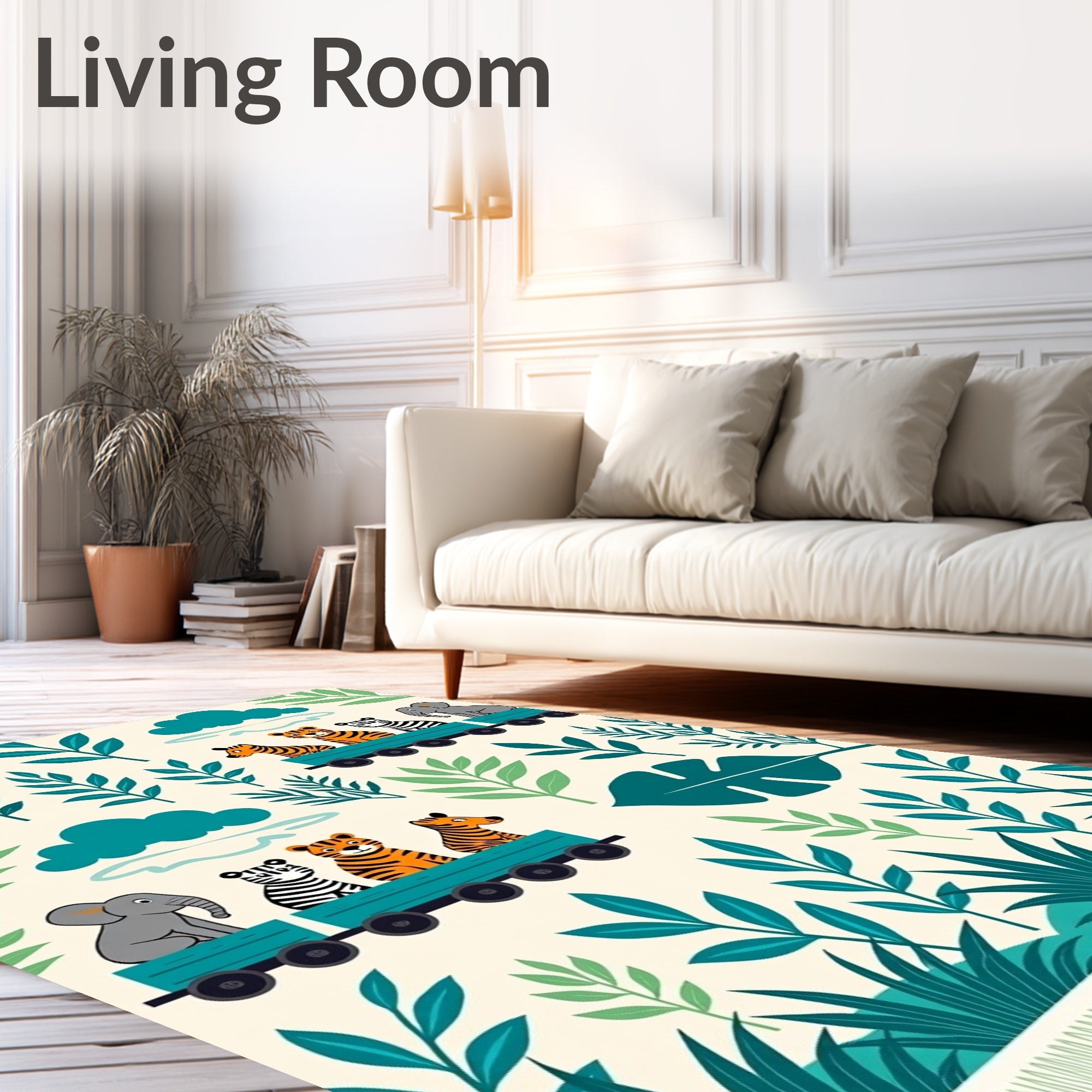 Jungle Animals On Train Teal Rug