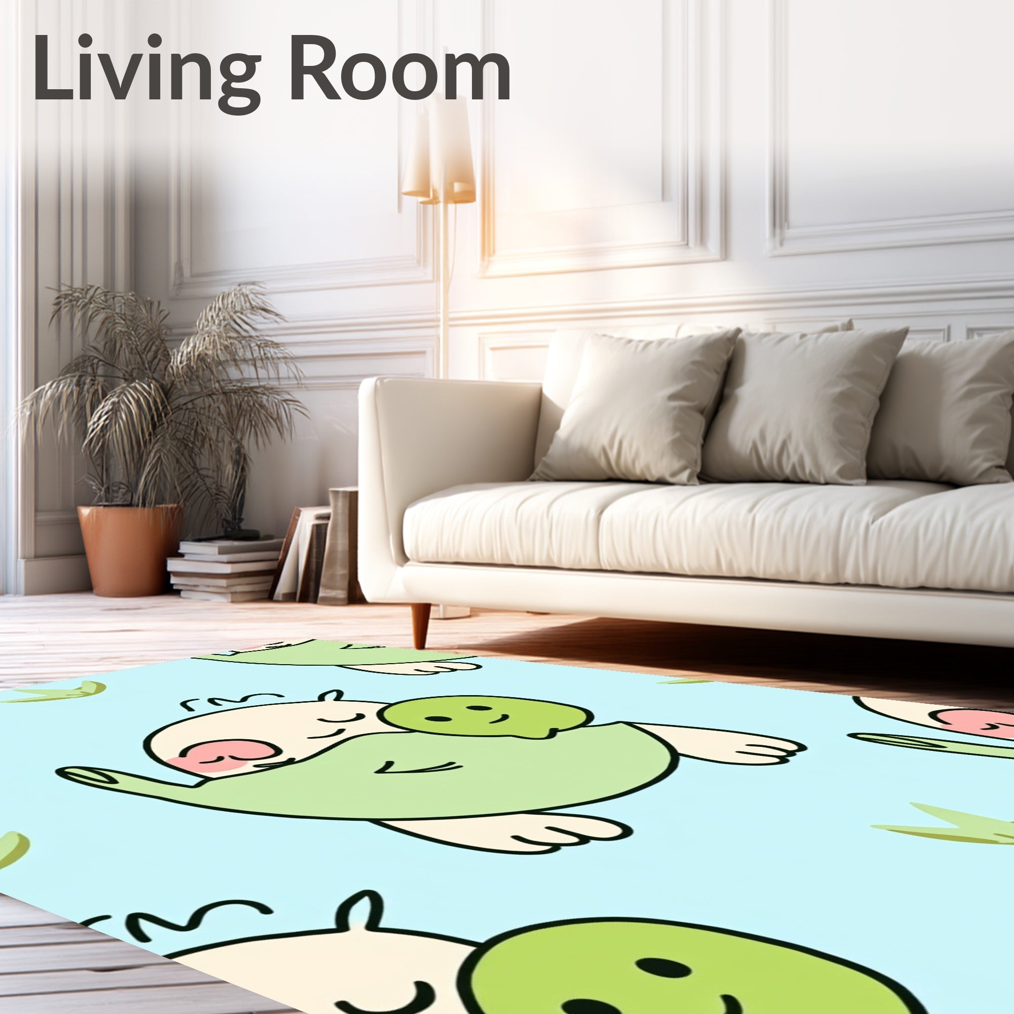 Cute Cream Green Character Repeating Landscape Rug