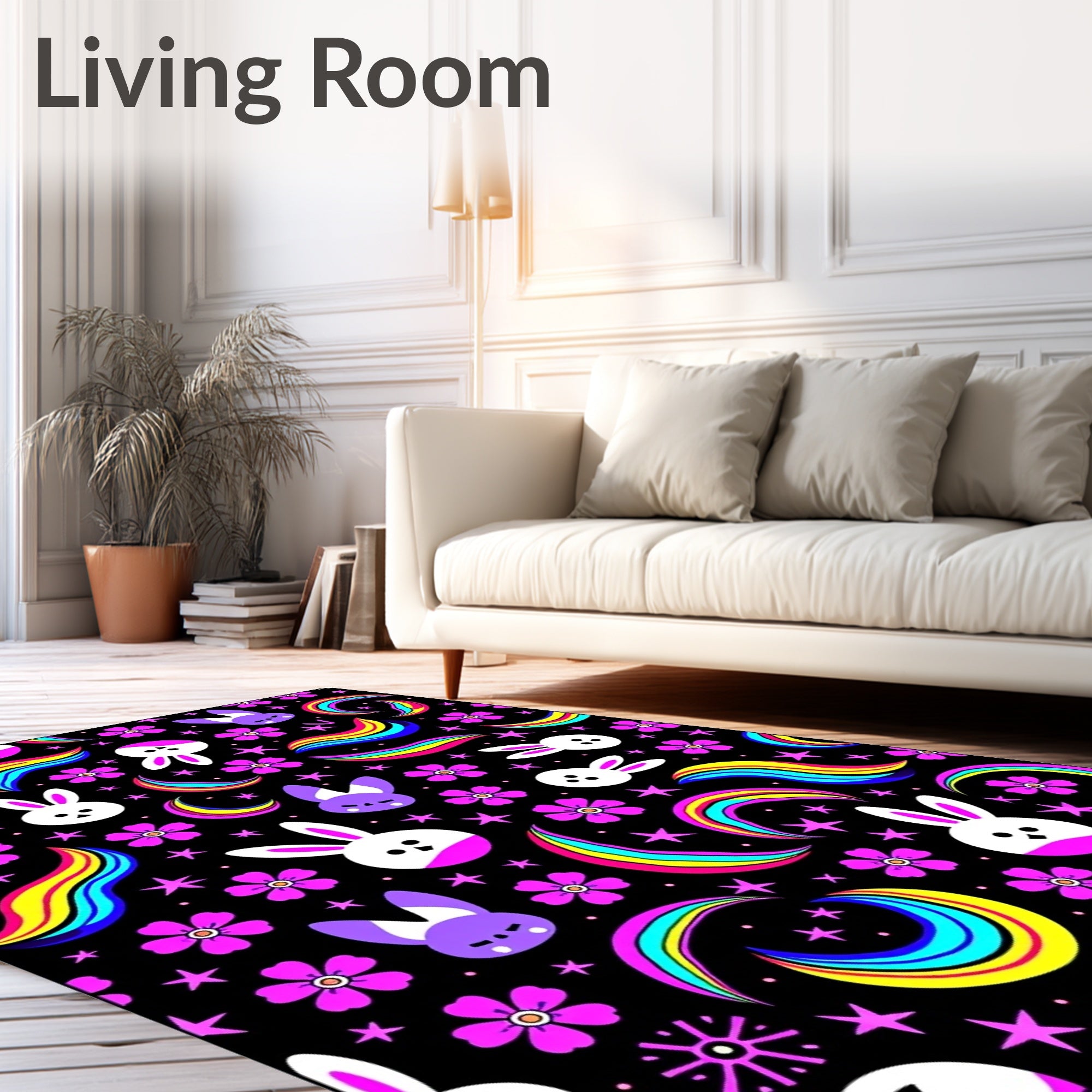 Vibrant Rainbow Bunny Stars Night Rug