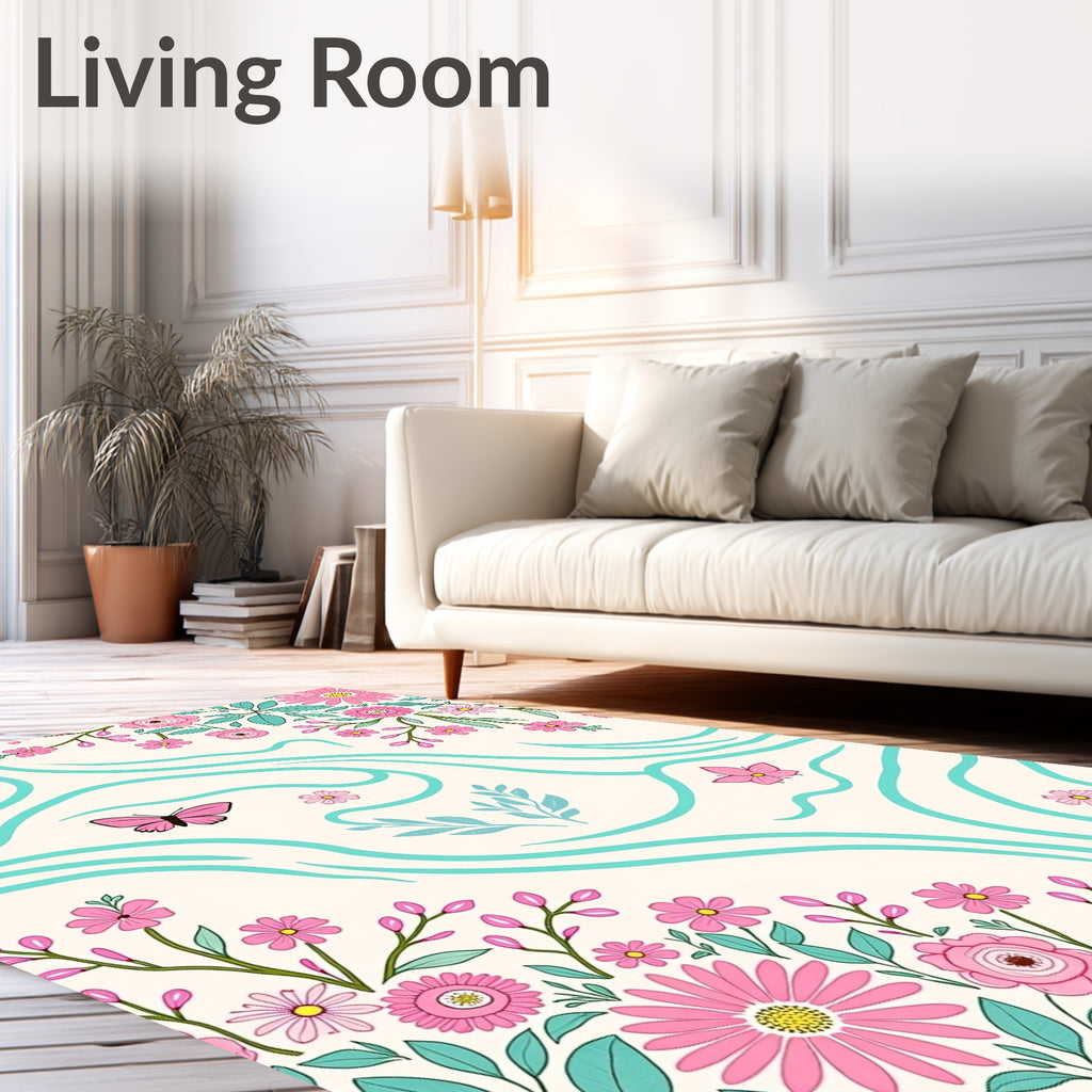 Whimsical Pink Floral Butterfly Swirl Rug