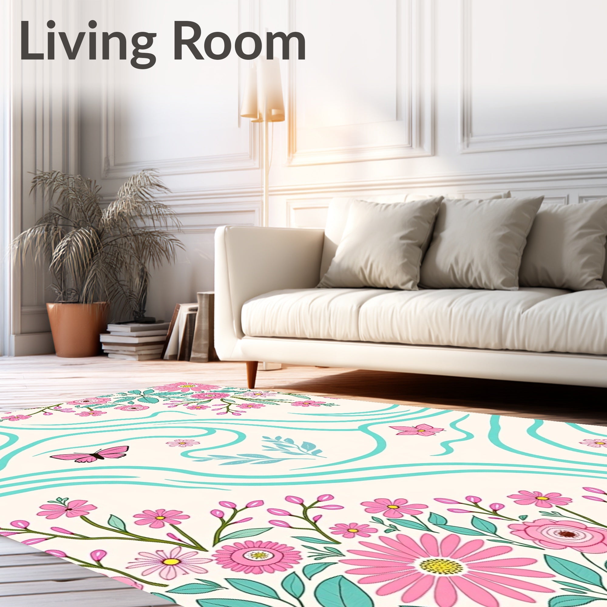 Whimsical Pink Floral Butterfly Swirl Rug