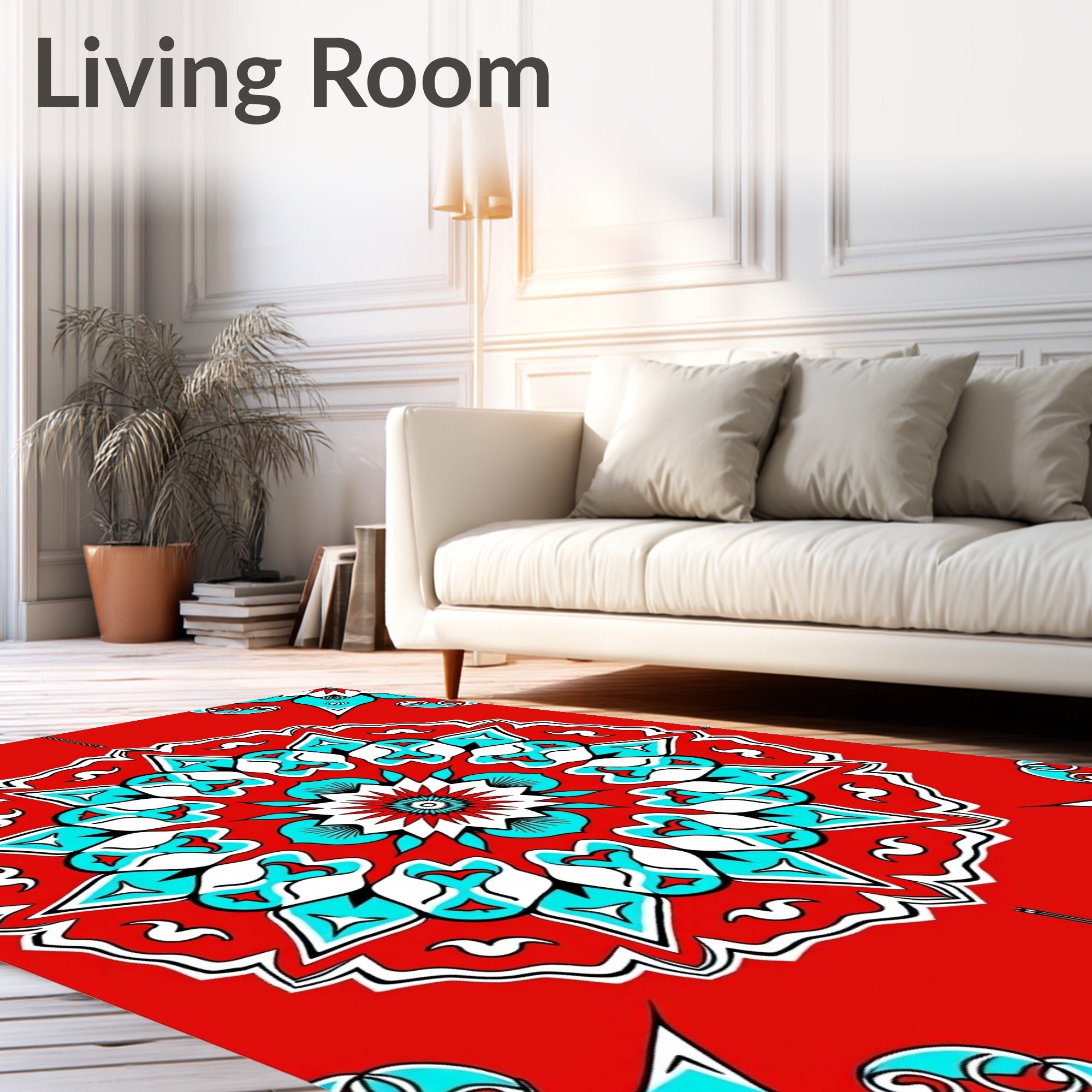 Red Teal White Floral Mandala Rug