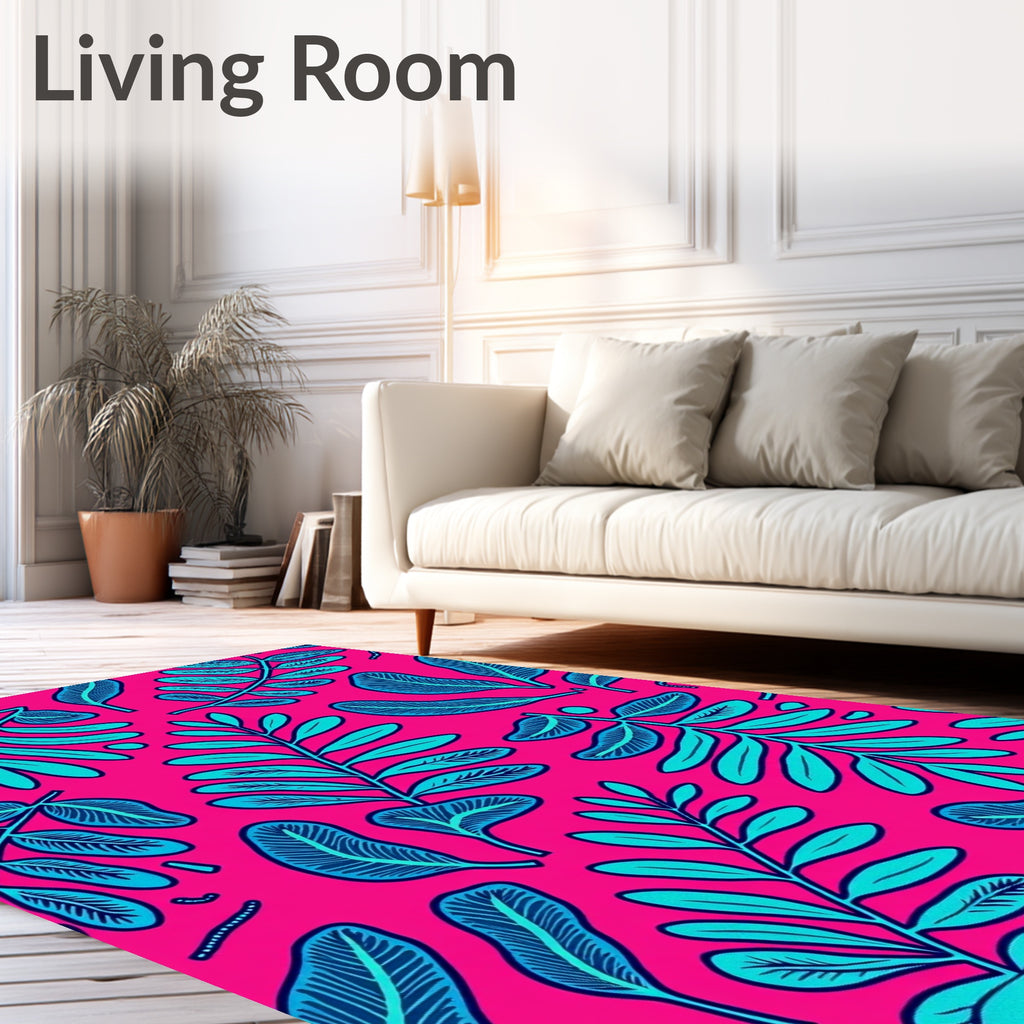 Vibrant Teal Leaf Tropical Pink Rug