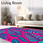 Vibrant Teal Leaf Tropical Pink Rug