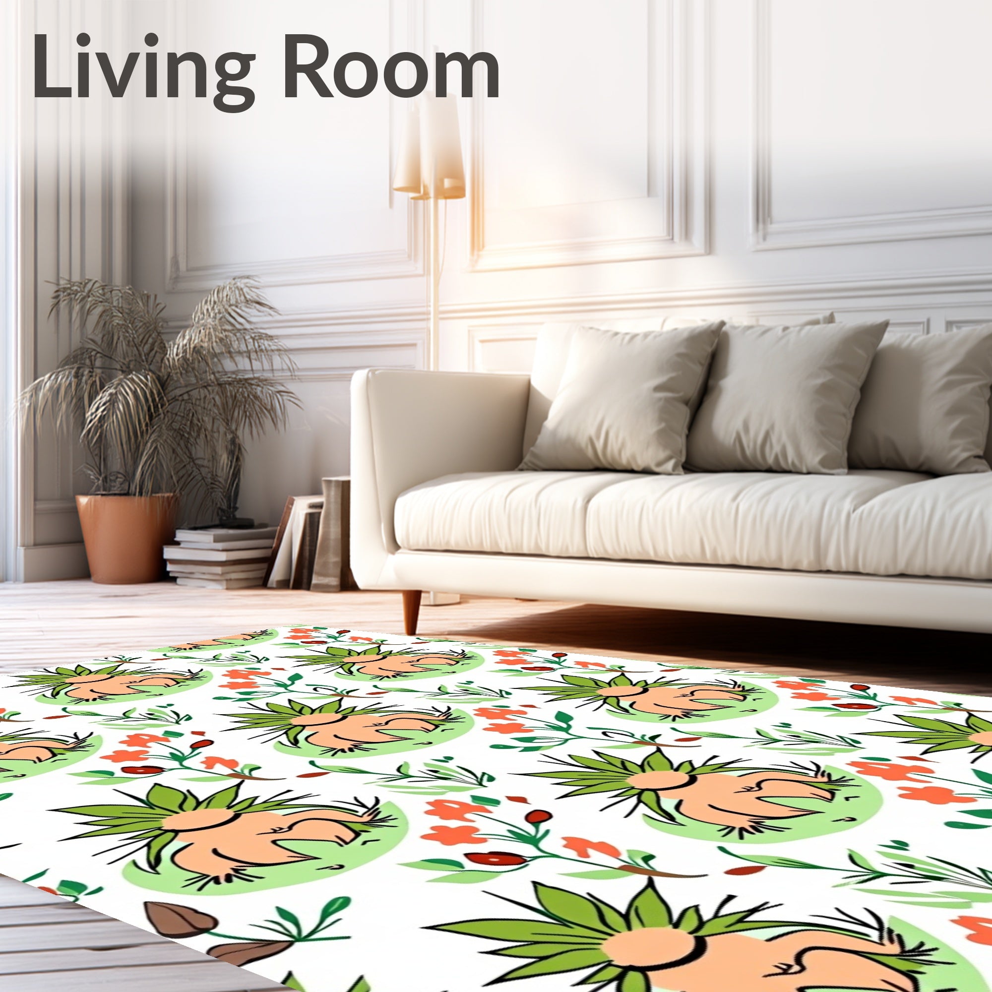 Whimsical Orange Floral Green Creature Rug