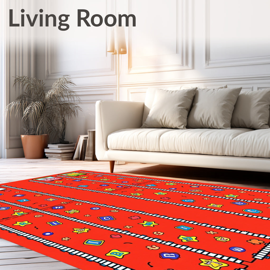 Whimsical Red Star Alphabet Train Rug