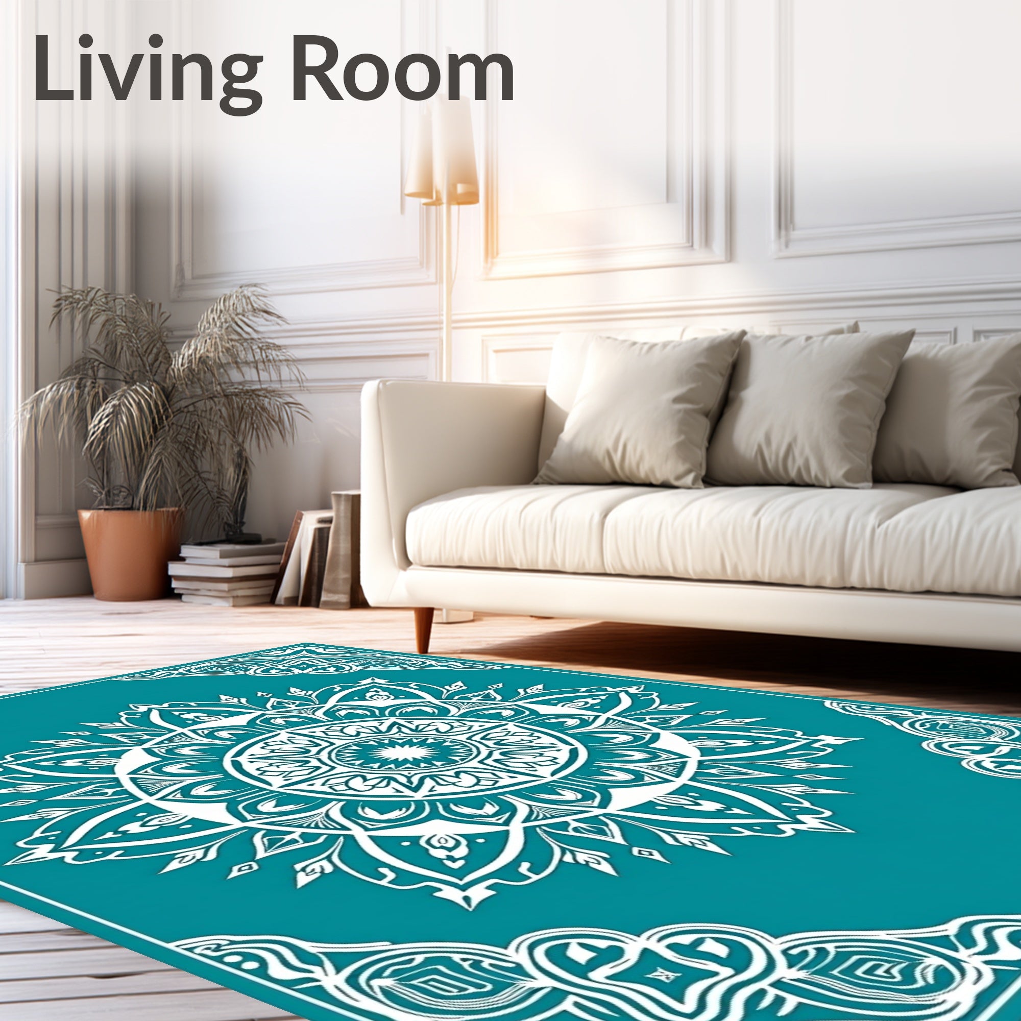White Teal Mandala Floral Ornament Rug