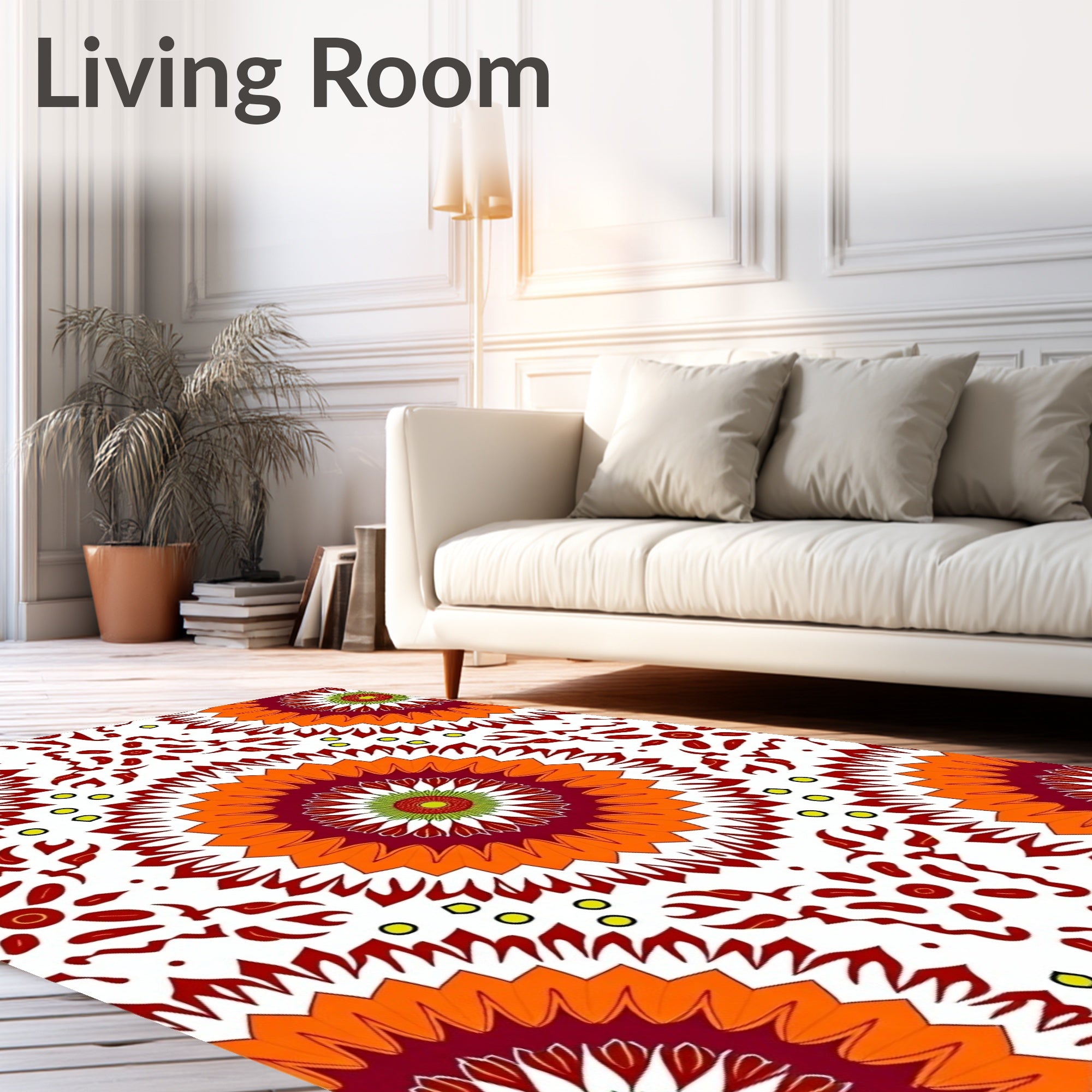 Vibrant Red Orange Sunburst Mandala Rug