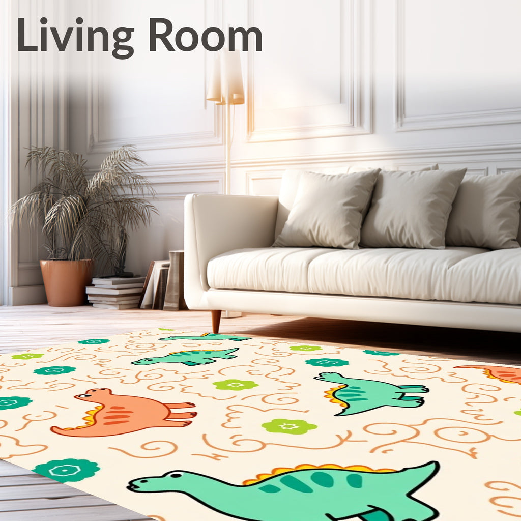 Cartoon Dinosaurs With Floral Accents Rug