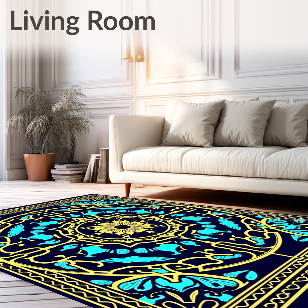 Deep Blue Yellow Floral Medallion Rug