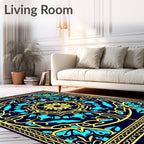 Deep Blue Yellow Floral Medallion Rug