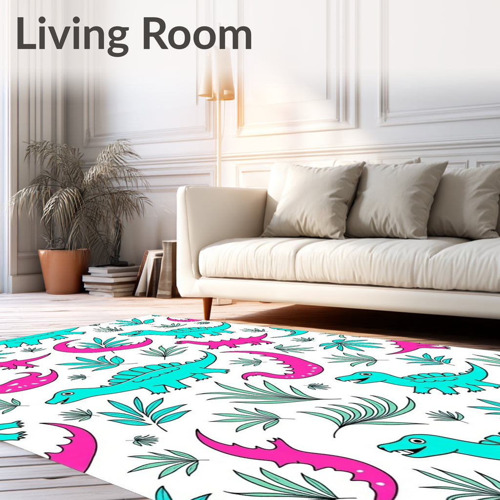 Playful Pink Turquoise Dinosaur Jungle Rug