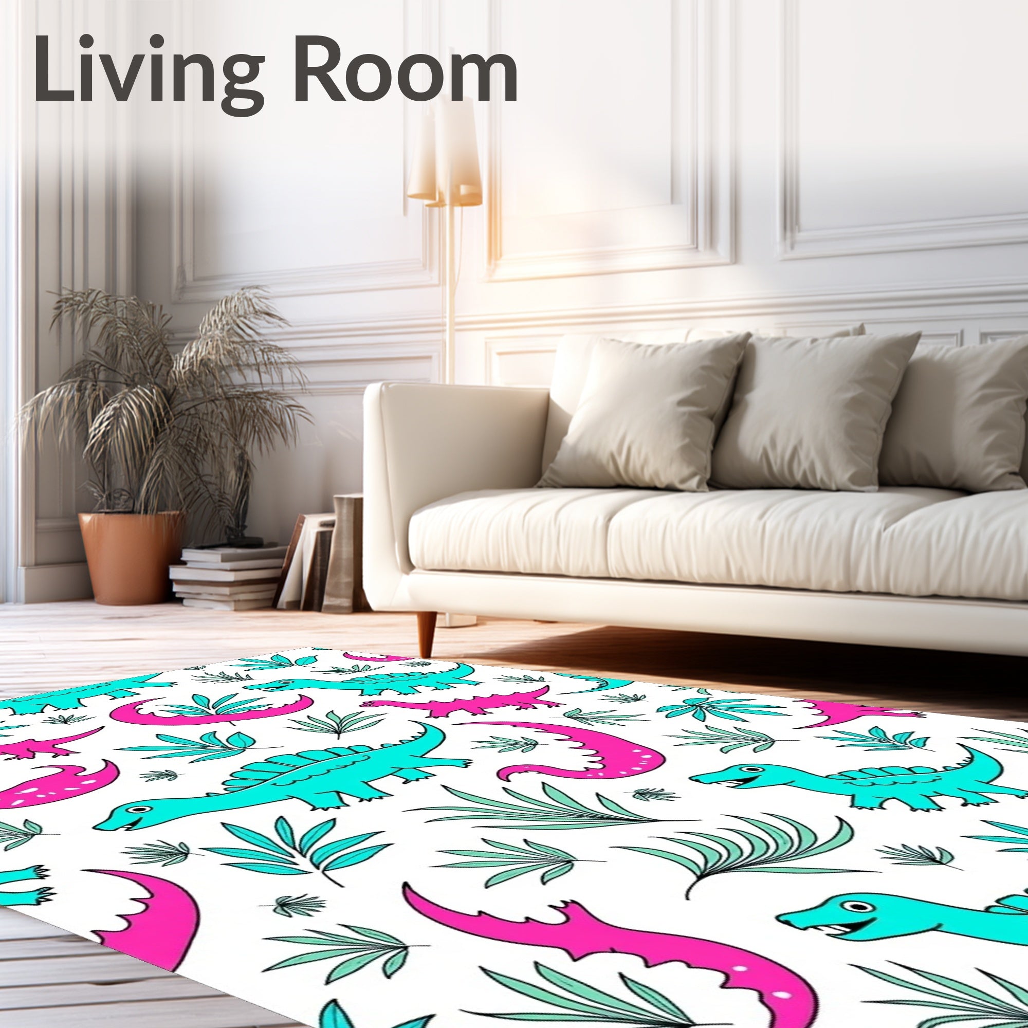 Playful Pink Turquoise Dinosaur Jungle Rug