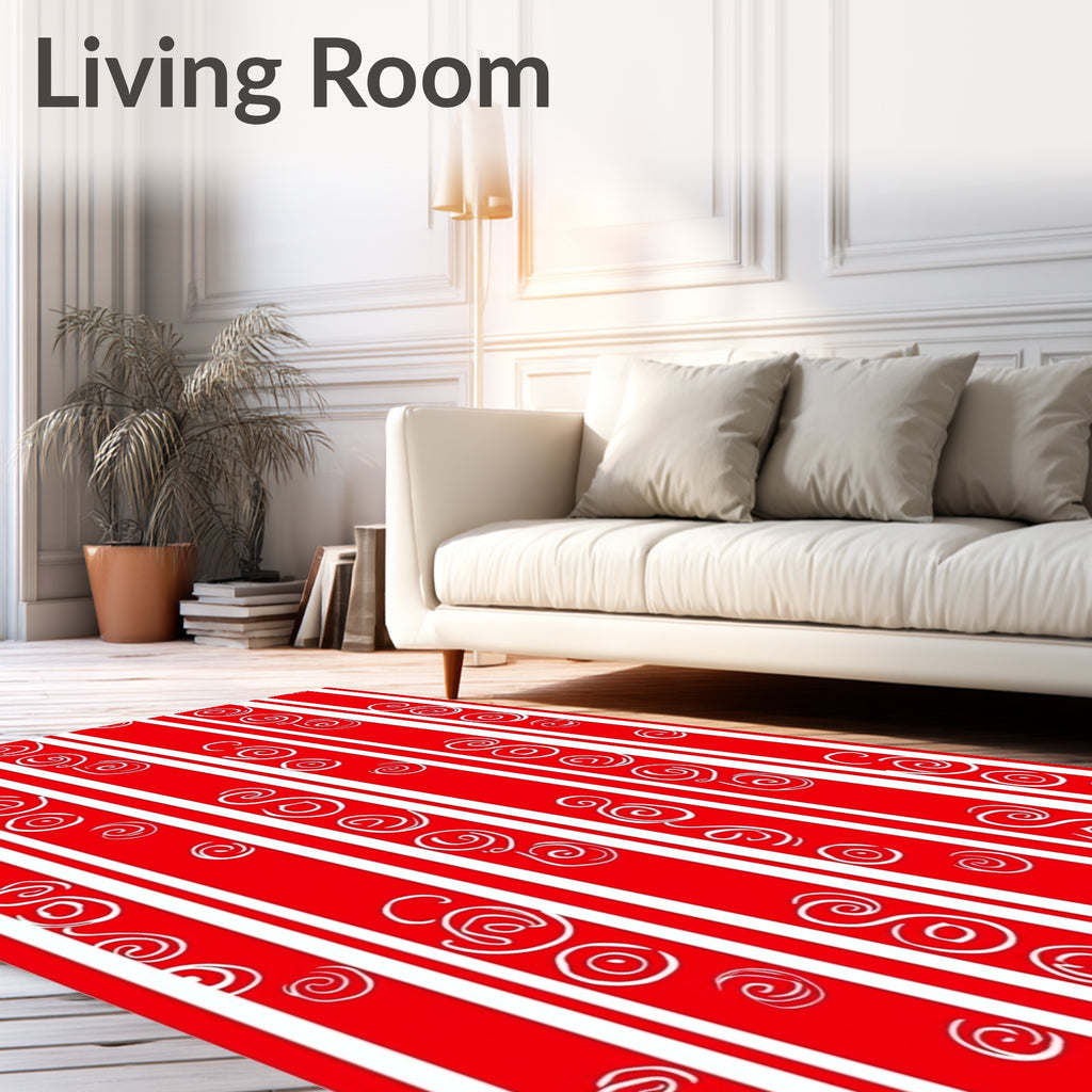 Red White Vertical Stripe Swirl Rug