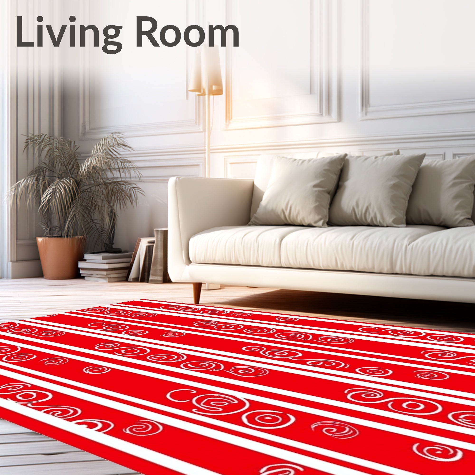 Red White Vertical Stripe Swirl Rug