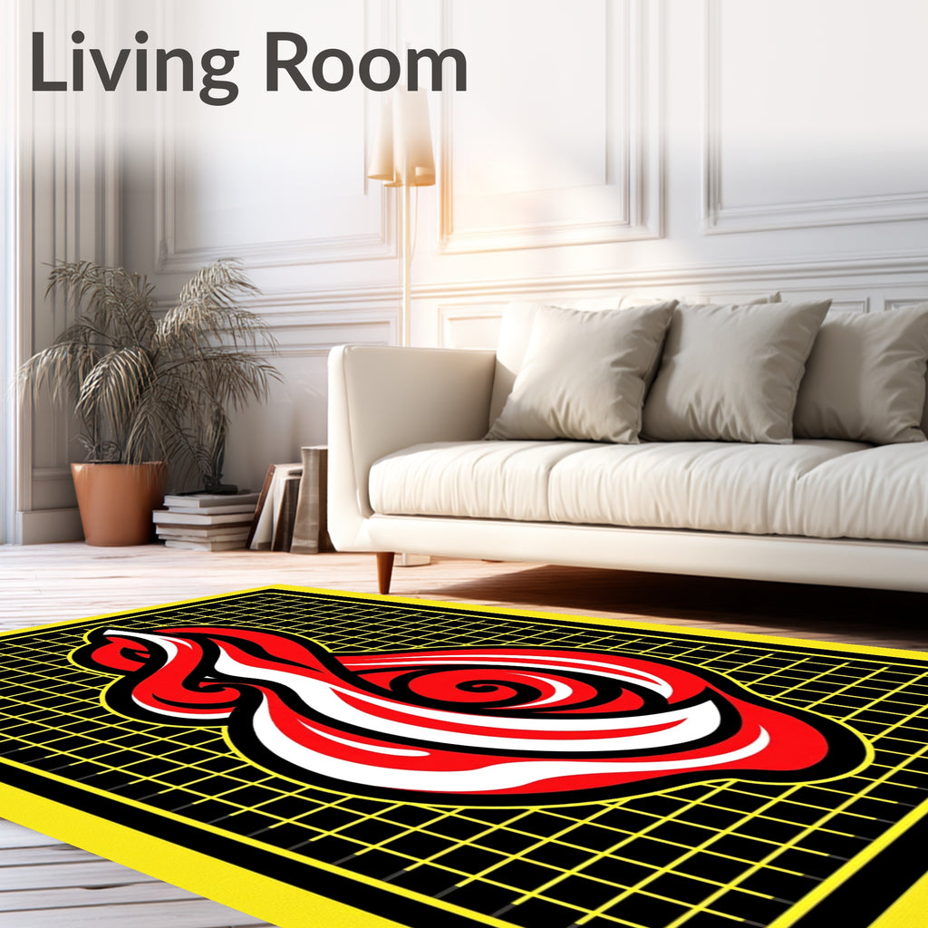 Bold Red White Swirl on Grid Rug