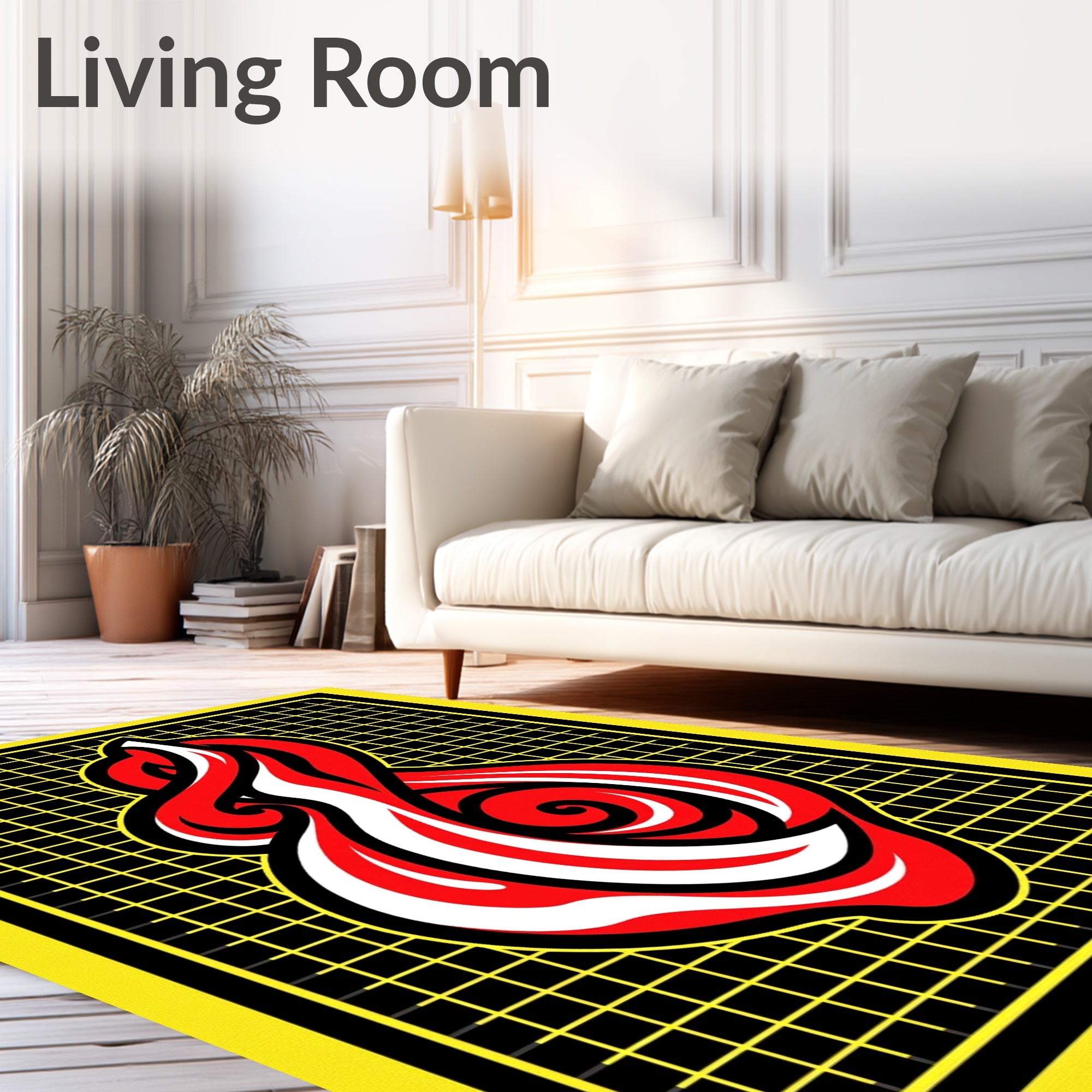 Bold Red White Swirl on Grid Rug