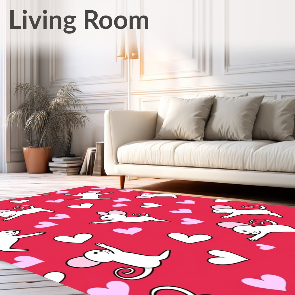 Playful White Mice Hearts Pattern Rug