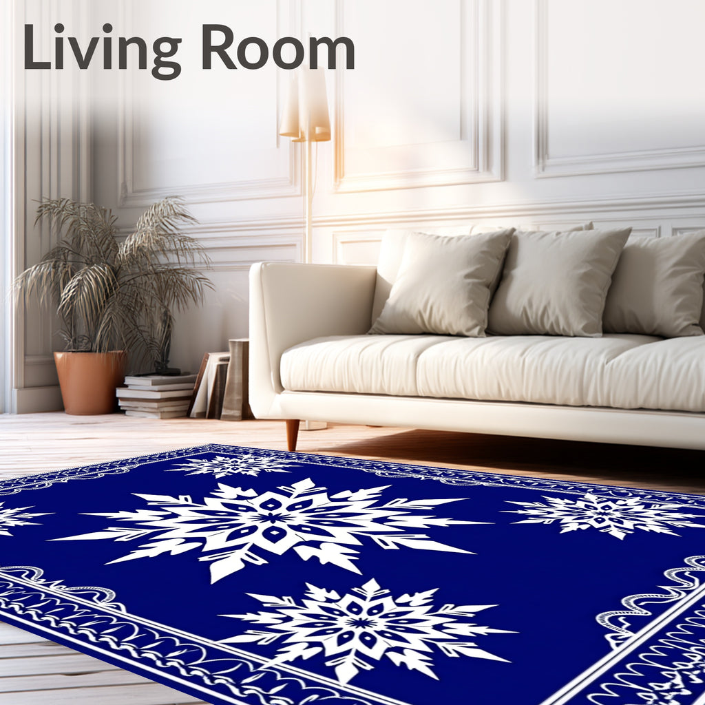 Deep Blue Snowflake Mandala Border Rug