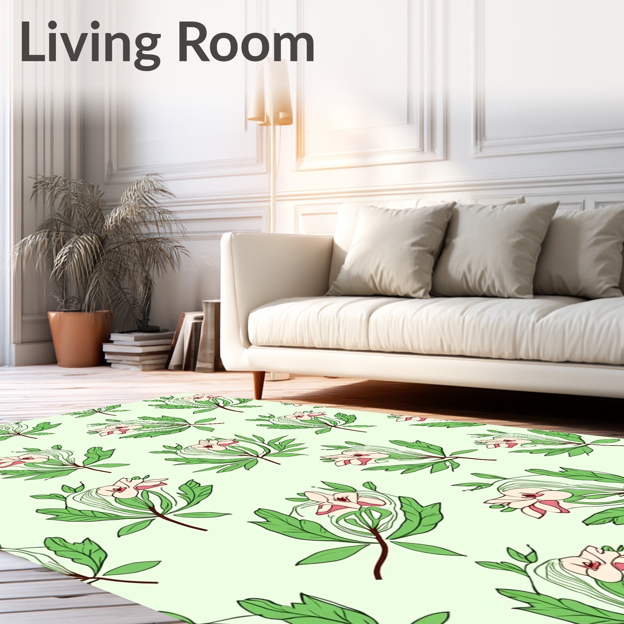 Blush Pink Green Branch Floral Rug