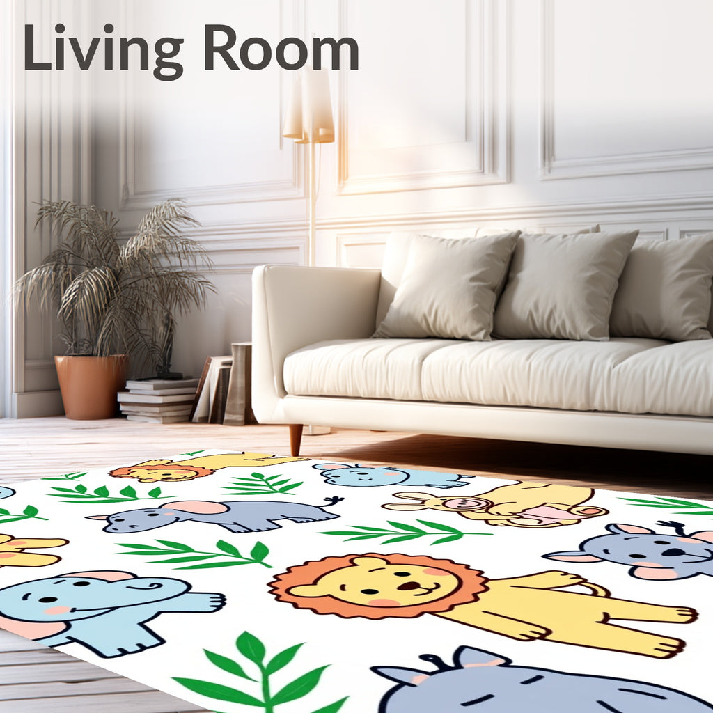 Jungle Animals Playful Yellow Blue Green Rug