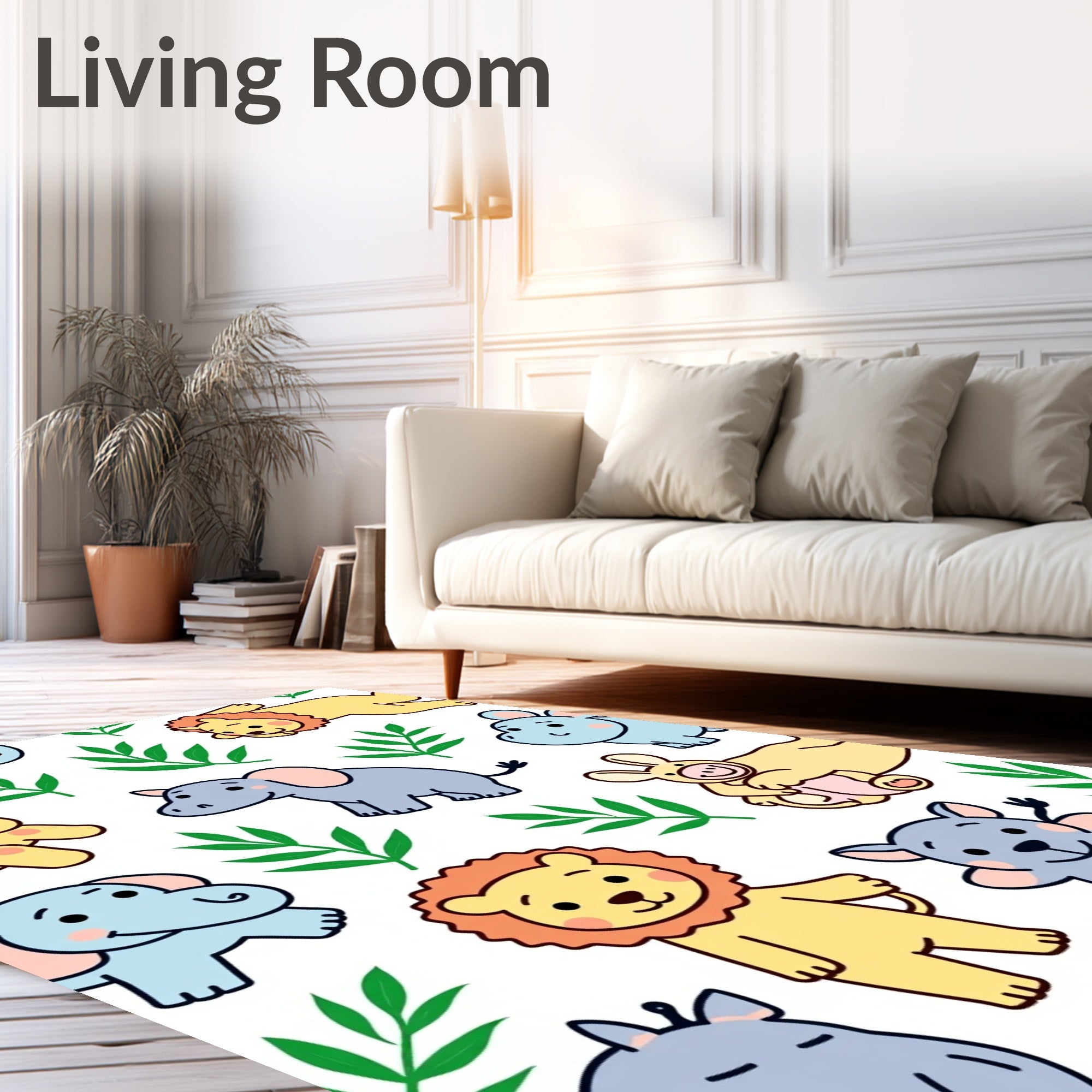 Jungle Animals Playful Yellow Blue Green Rug