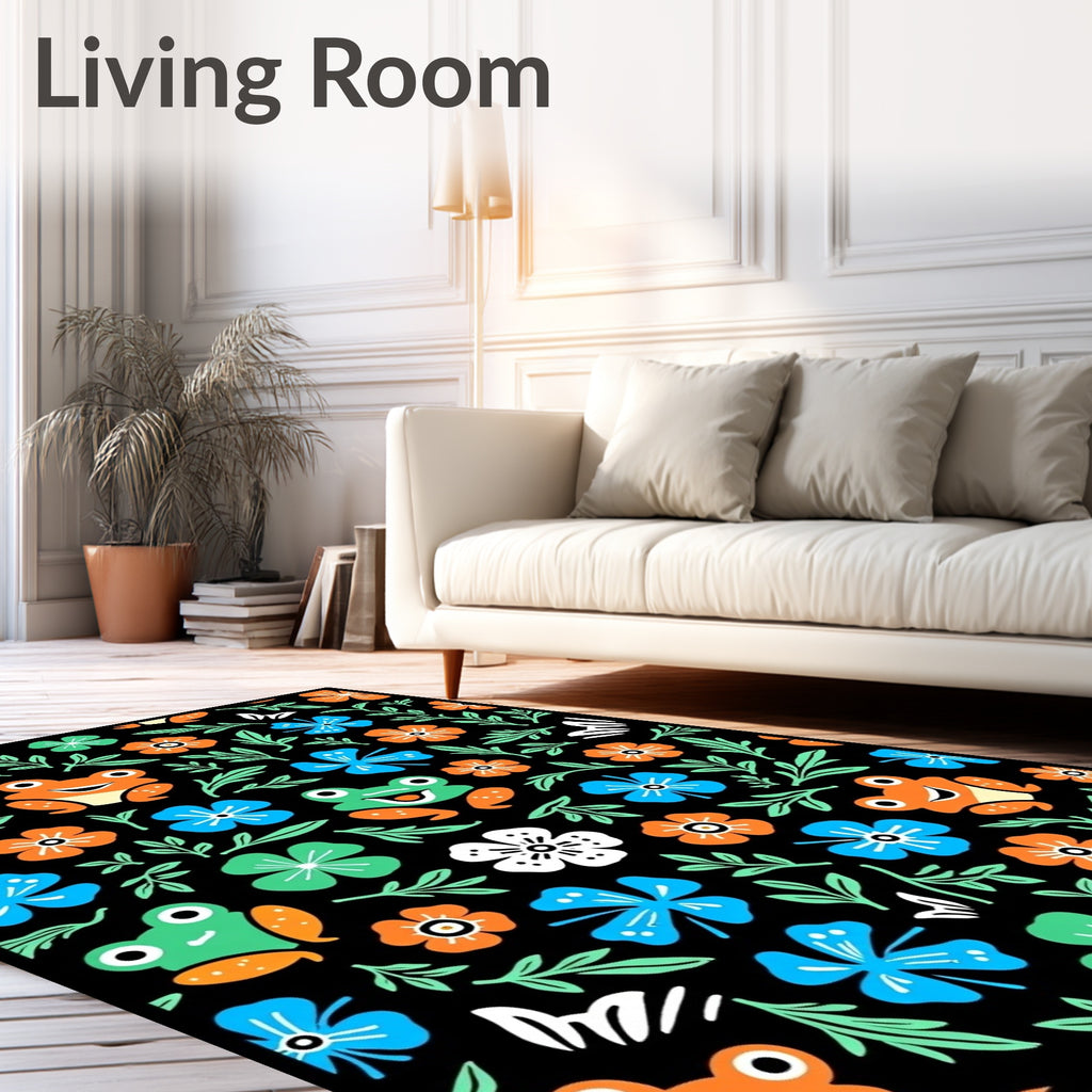 Playful Frogs and Flowers Black Background Rug