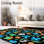 Playful Frogs and Flowers Black Background Rug