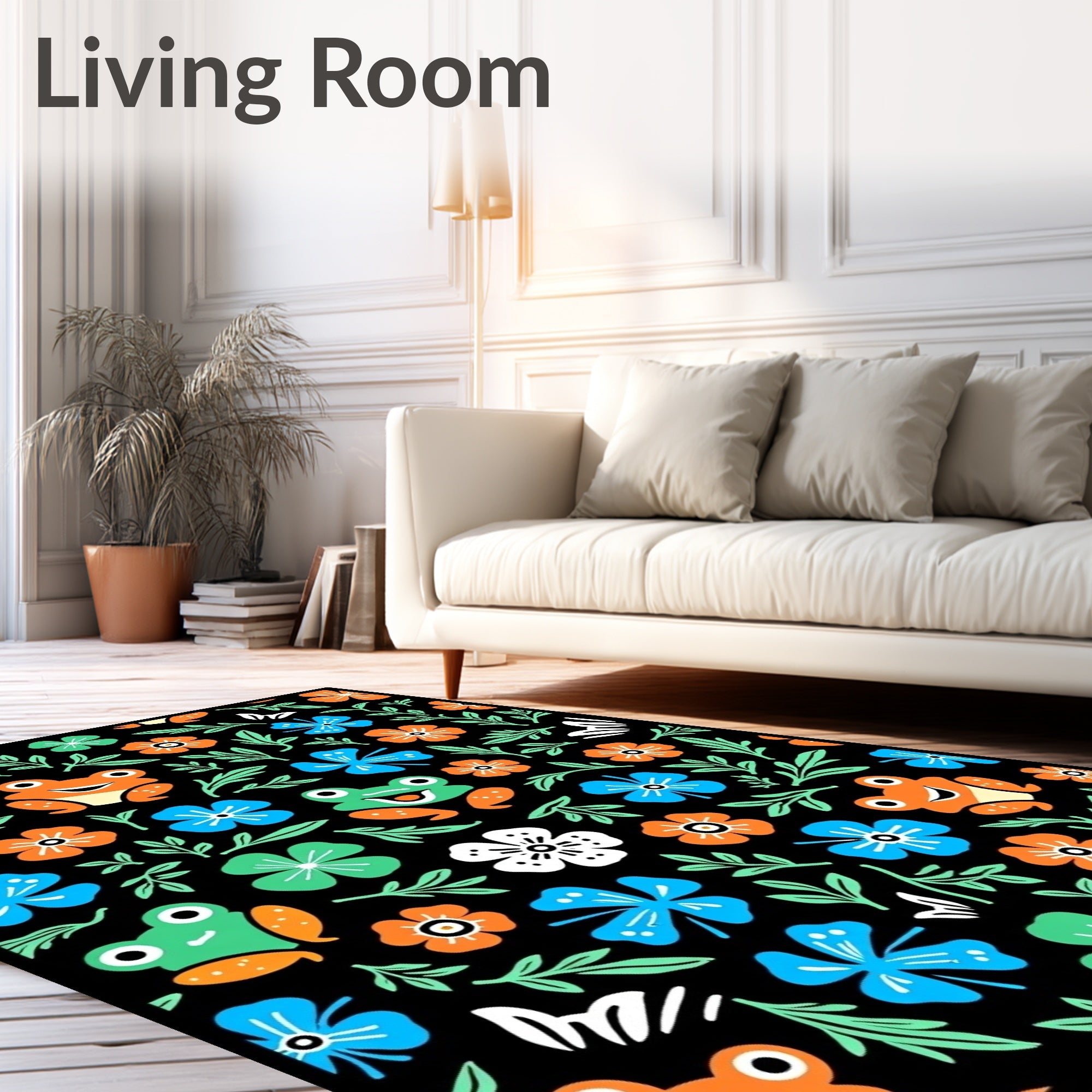 Playful Frogs and Flowers Black Background Rug