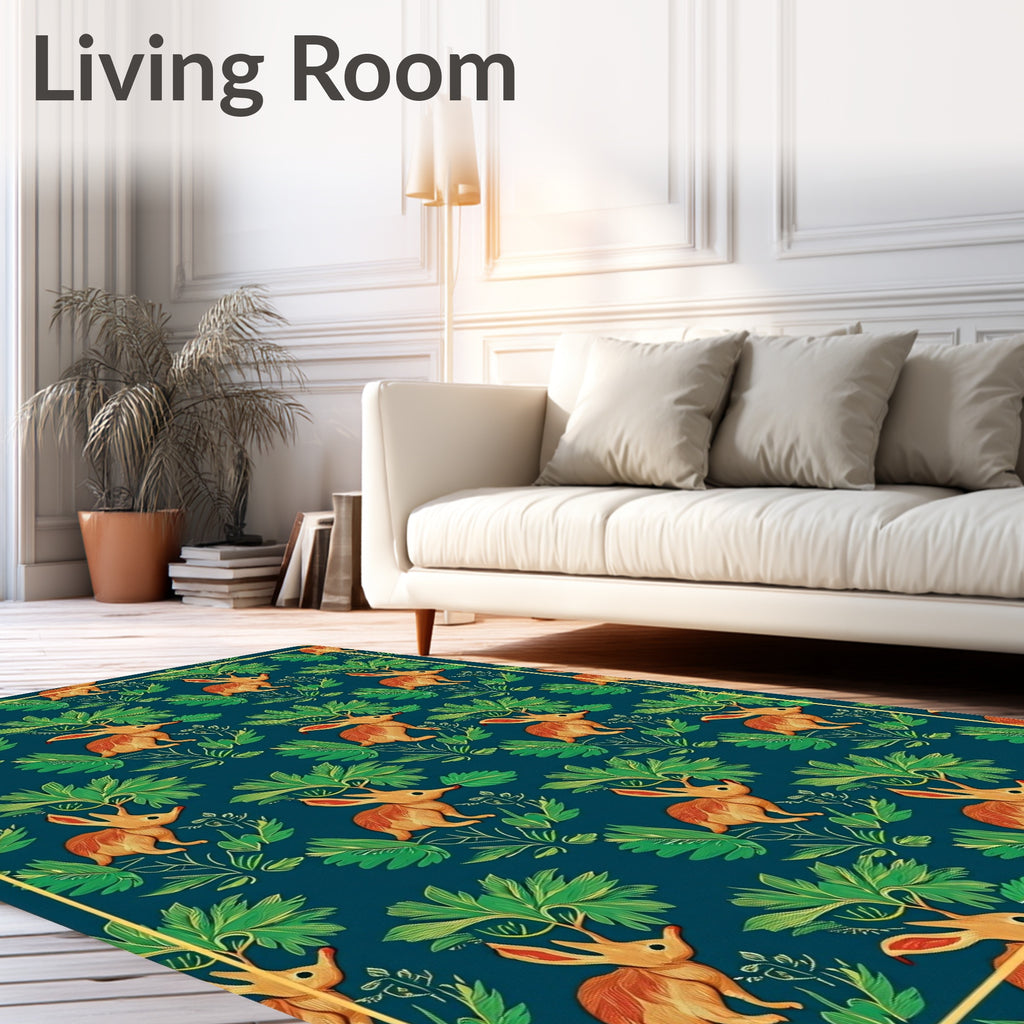 Whimsical Brown Rabbit Emerald Garden Rug