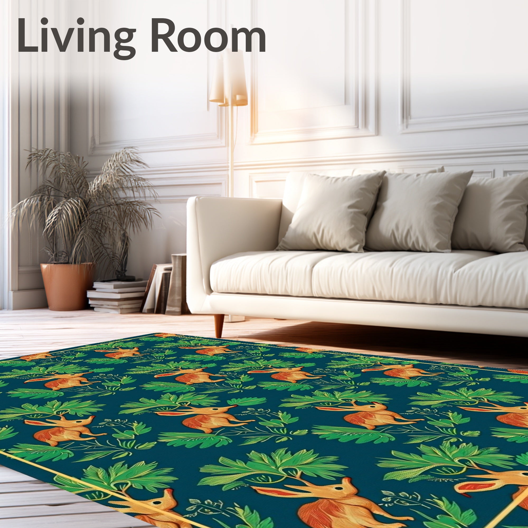 Whimsical Brown Rabbit Emerald Garden Rug