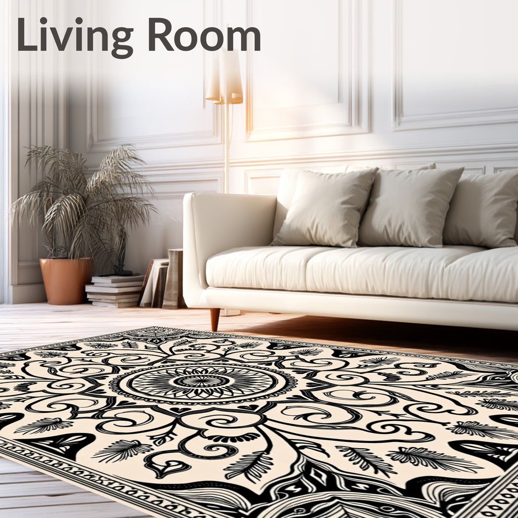 Cream and Black Floral Mandala Rug