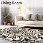Cream and Black Floral Mandala Rug