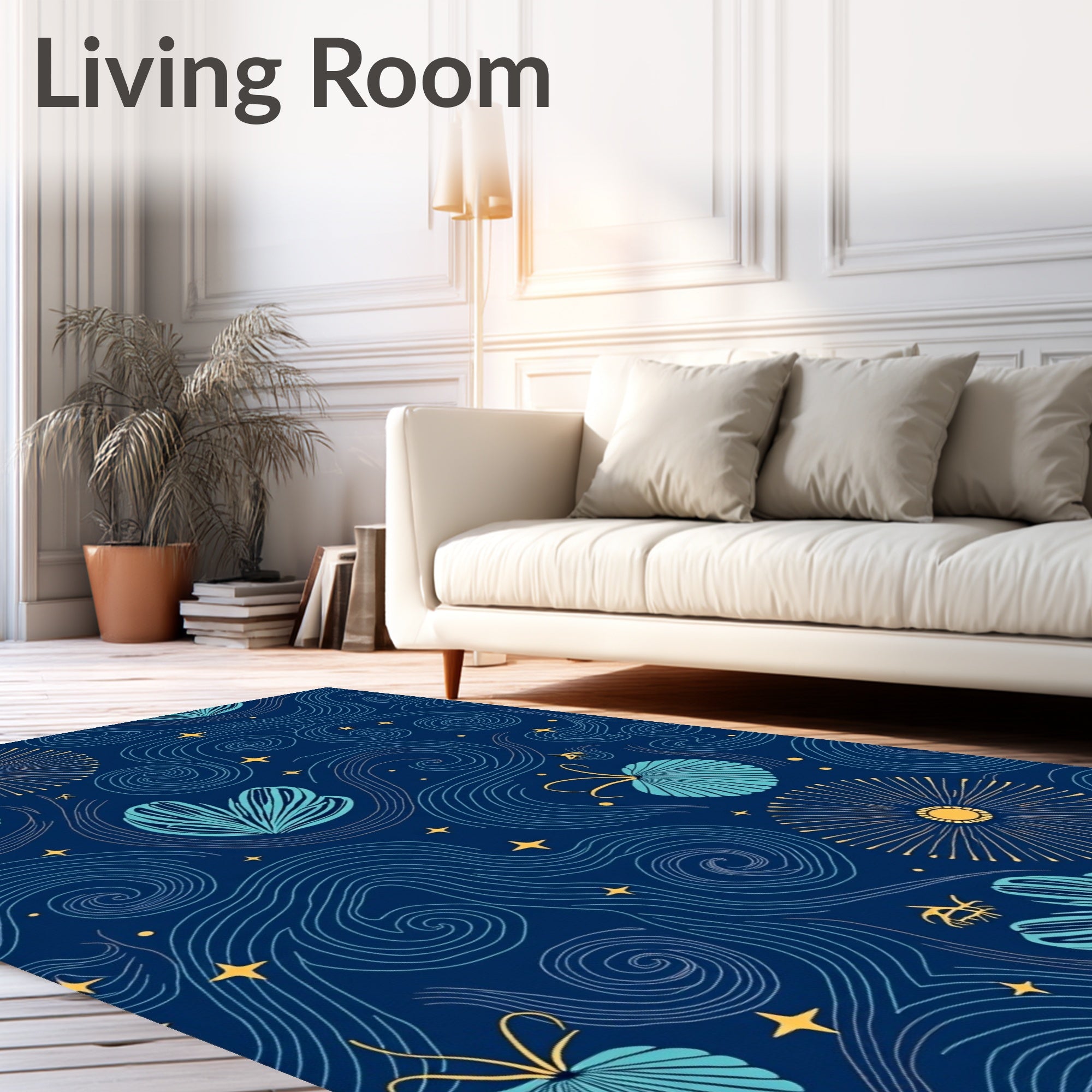 Cosmic Deep Blue Botanical Swirl Rug