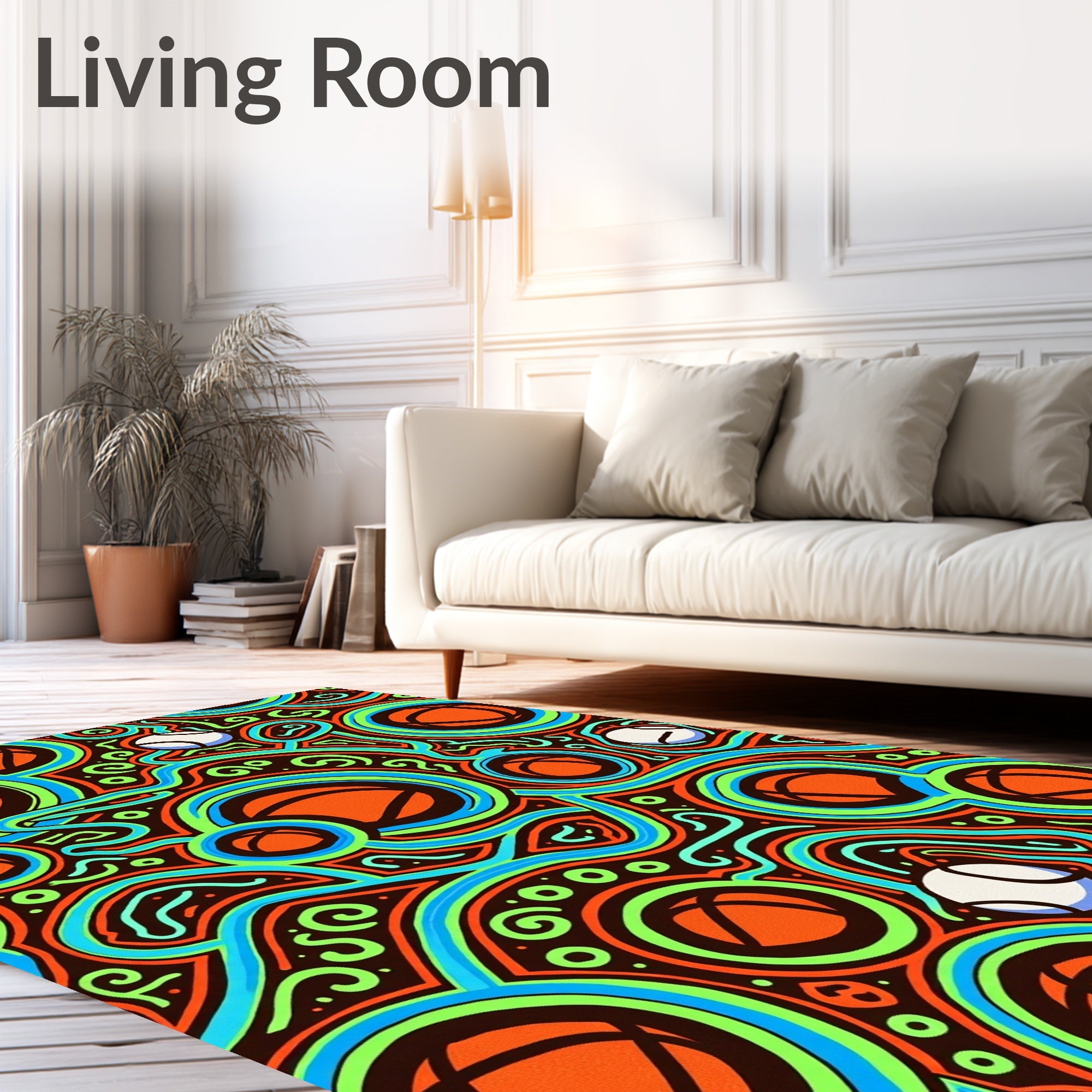 Vibrant Orange Teal Swirl Basketball Rug