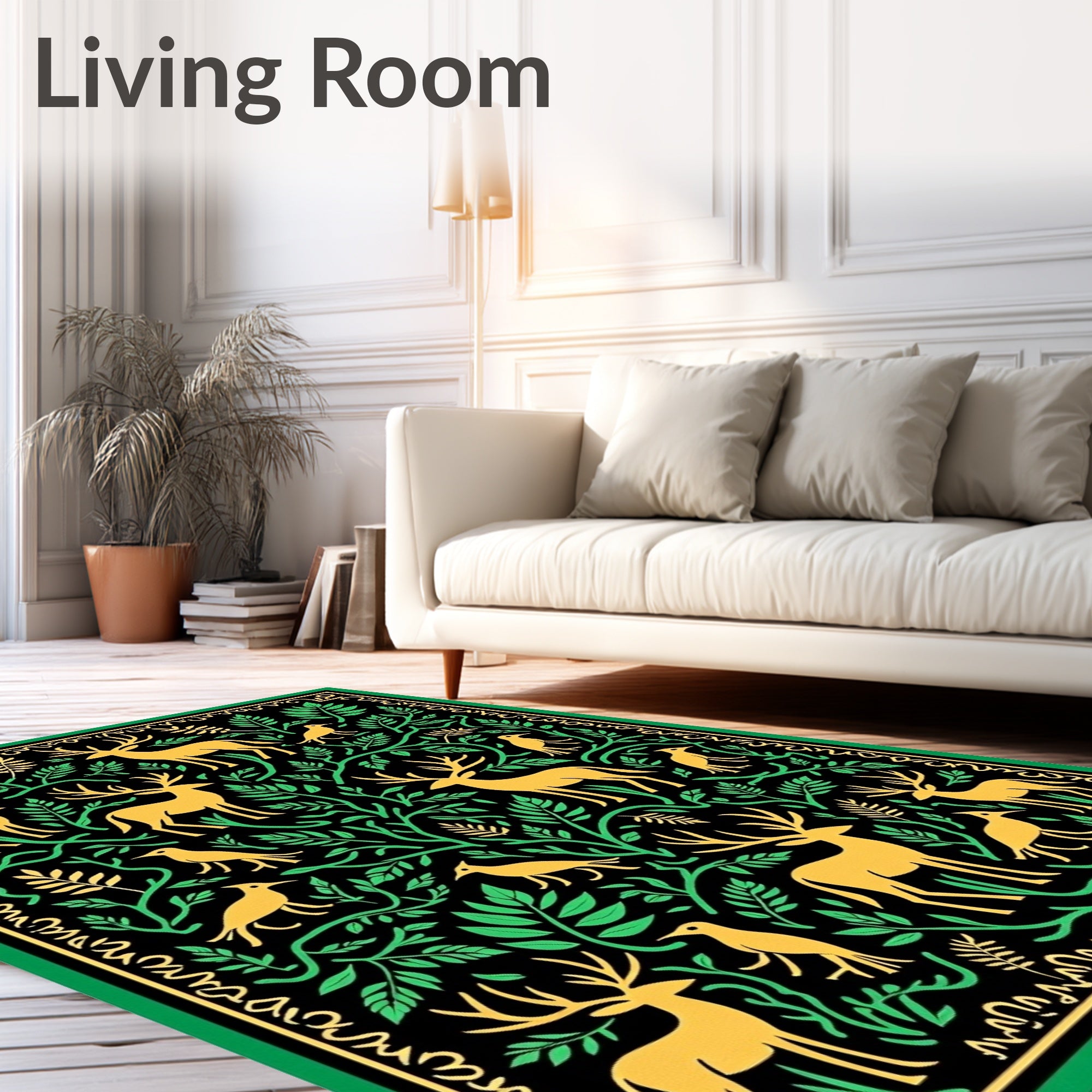 Golden Deer With Green Foliage Border Rug
