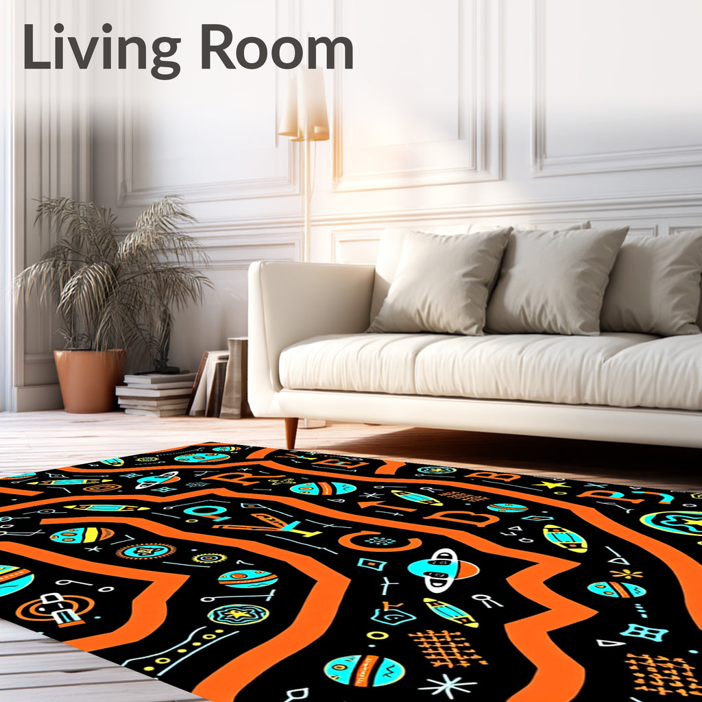 Orange Wavy Abstract Space Icons Rug