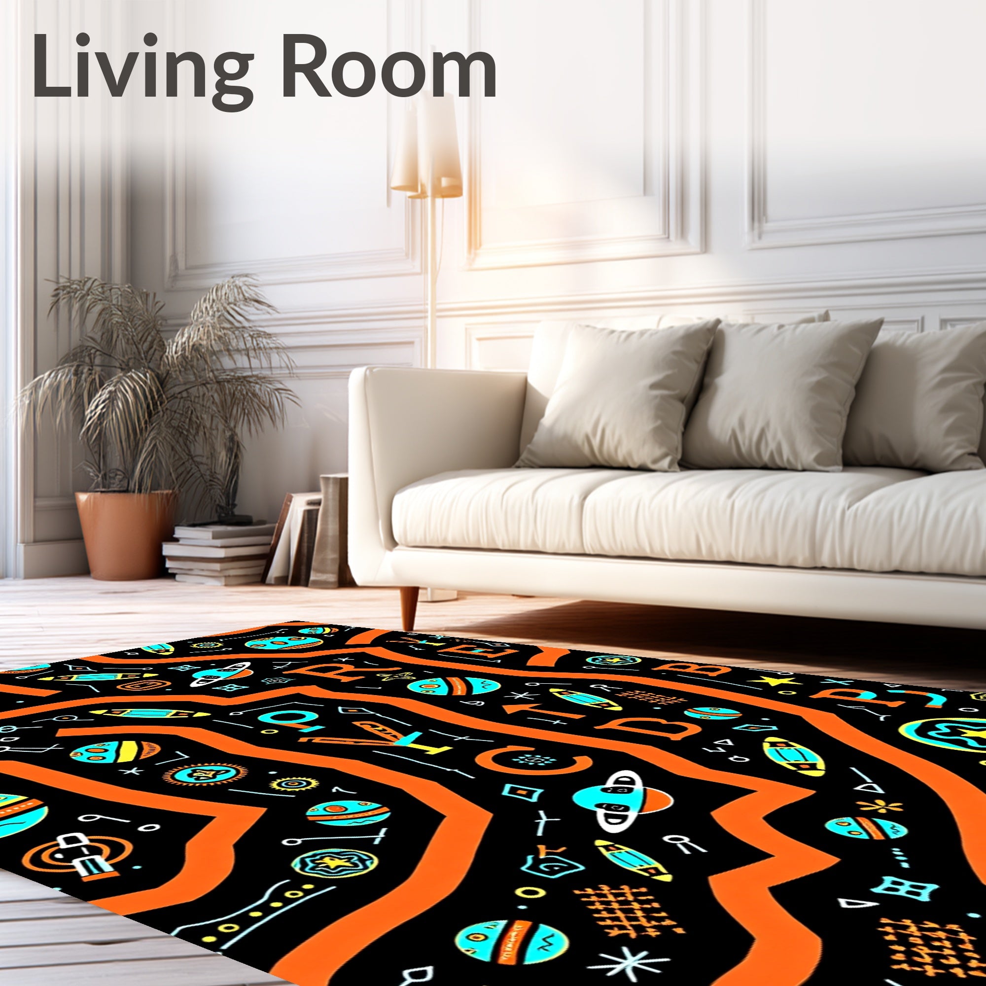 Orange Wavy Abstract Space Icons Rug