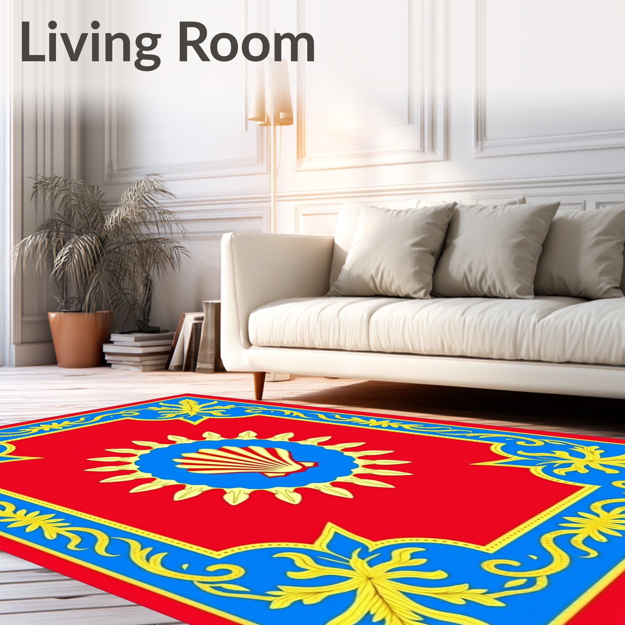 Red Blue Gold Scallop Sun Floral Rug