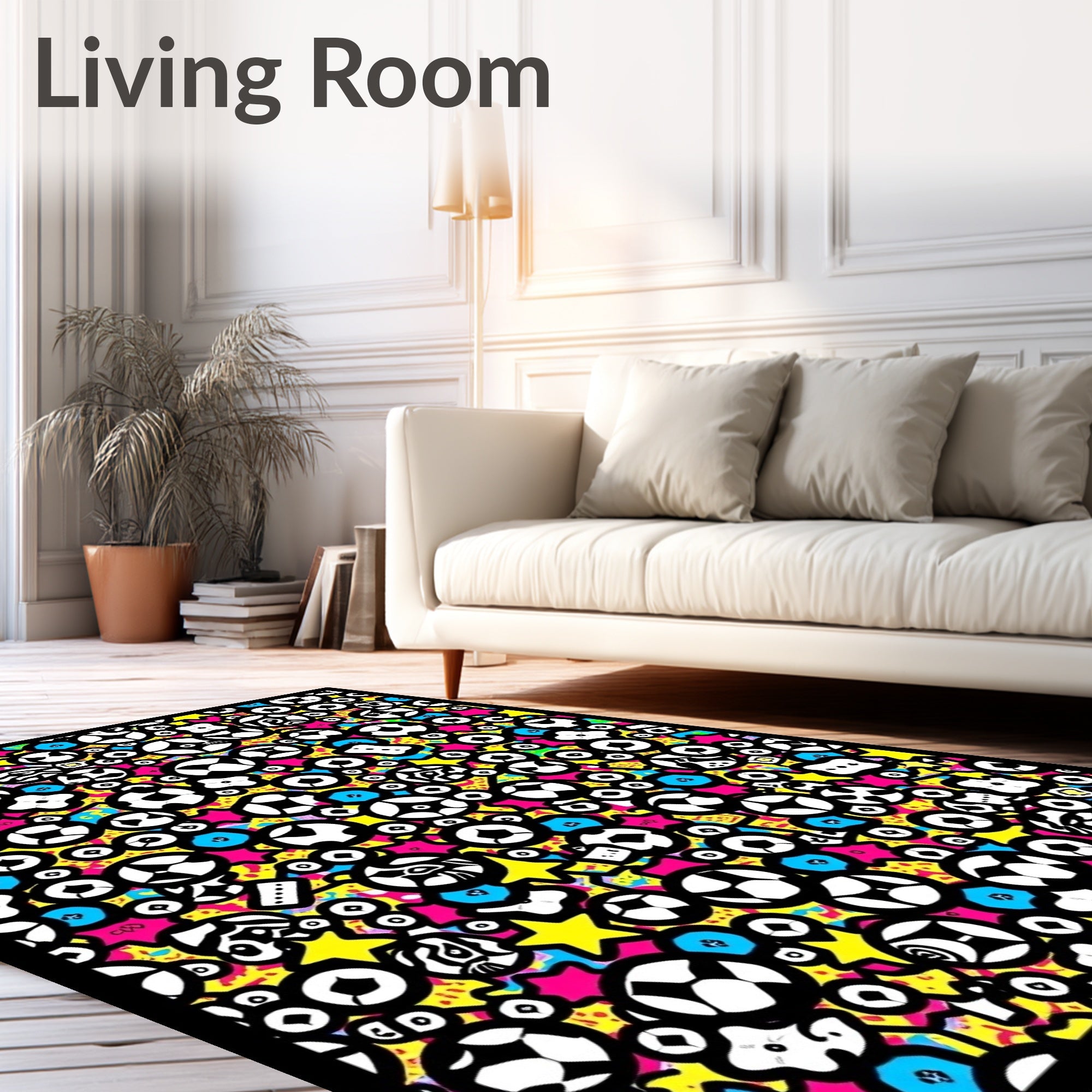 Vibrant Soccer Ball Star Collage Rug