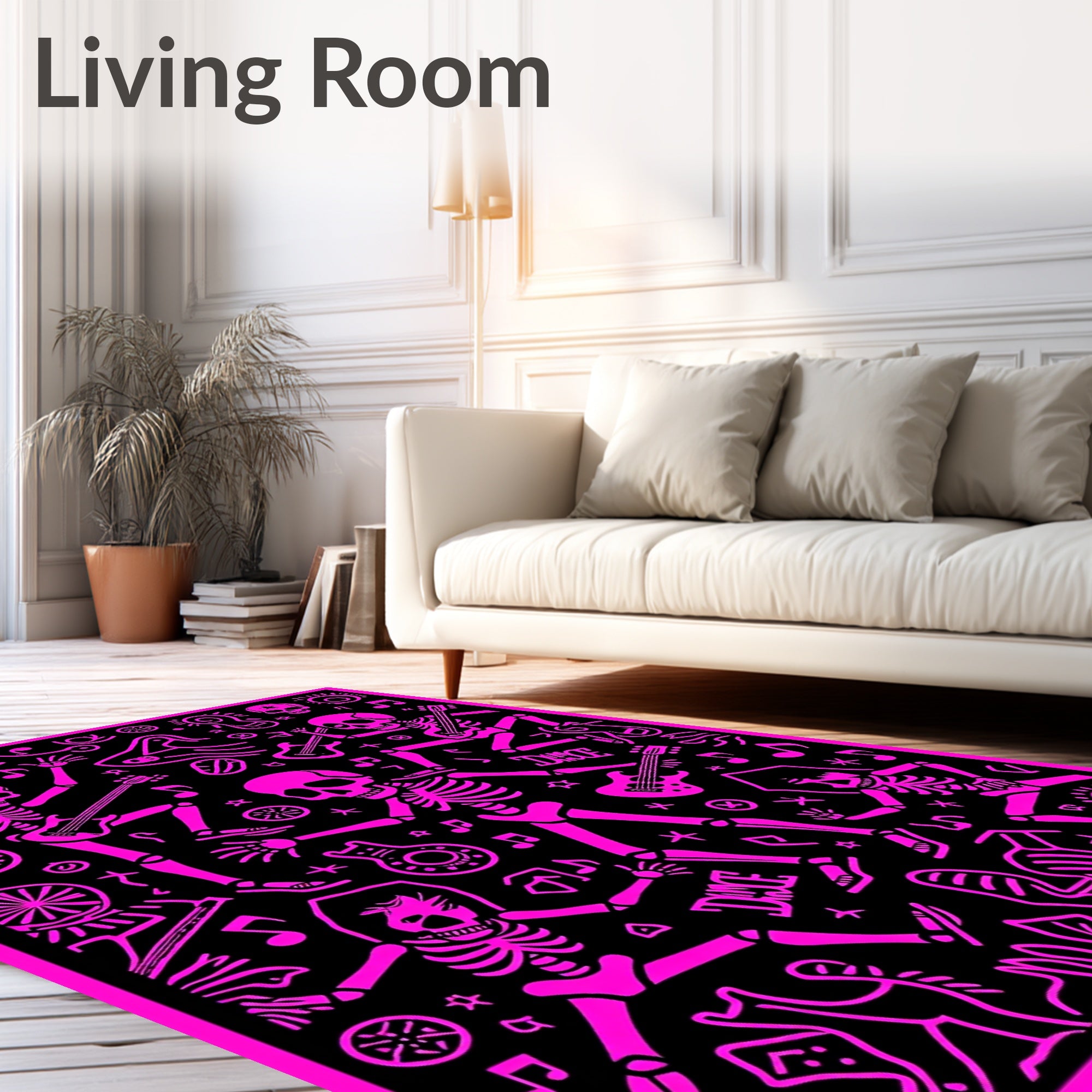 Hot Pink Skeleton Dance Black Rug