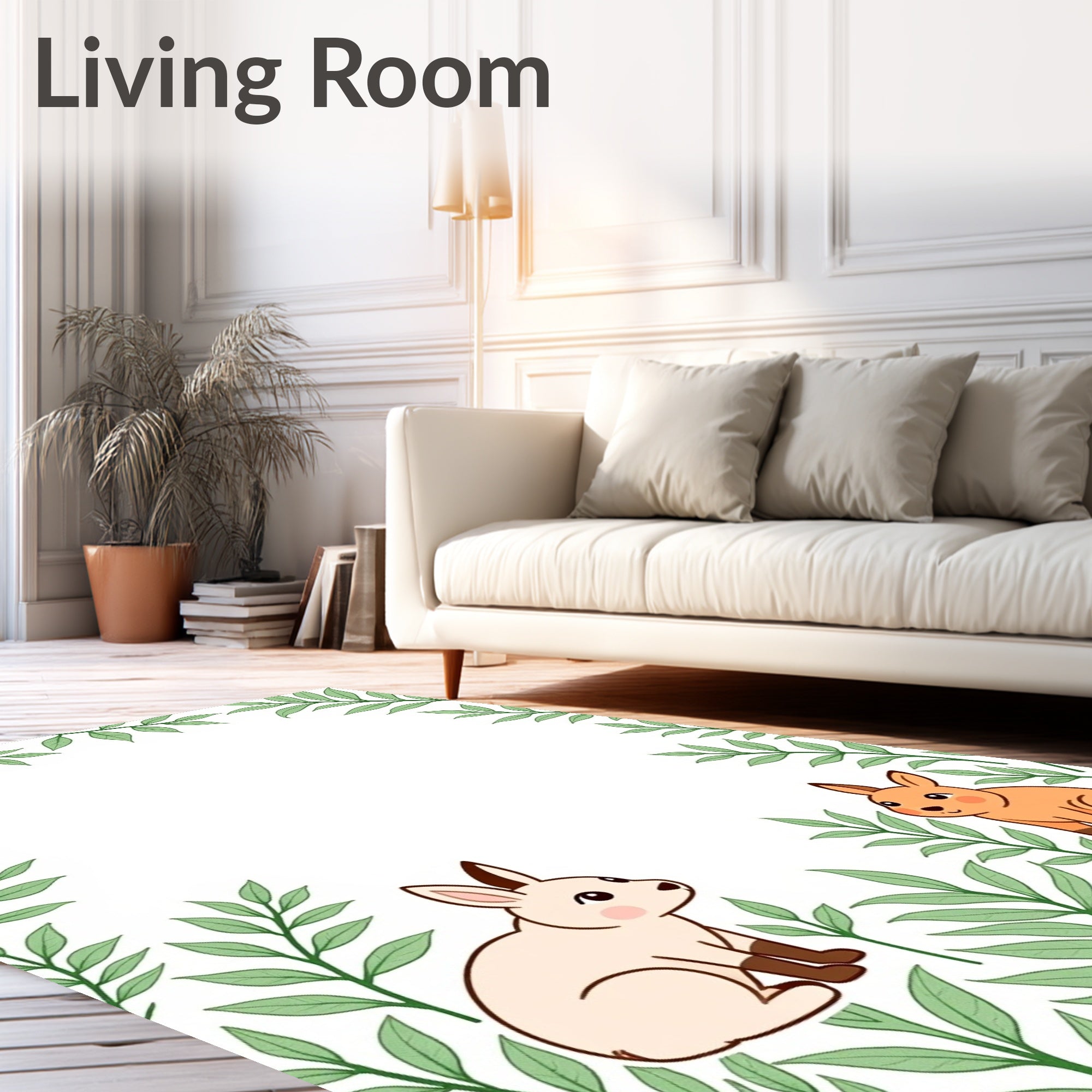 Cute Rabbits and Green Foliage Border Rug