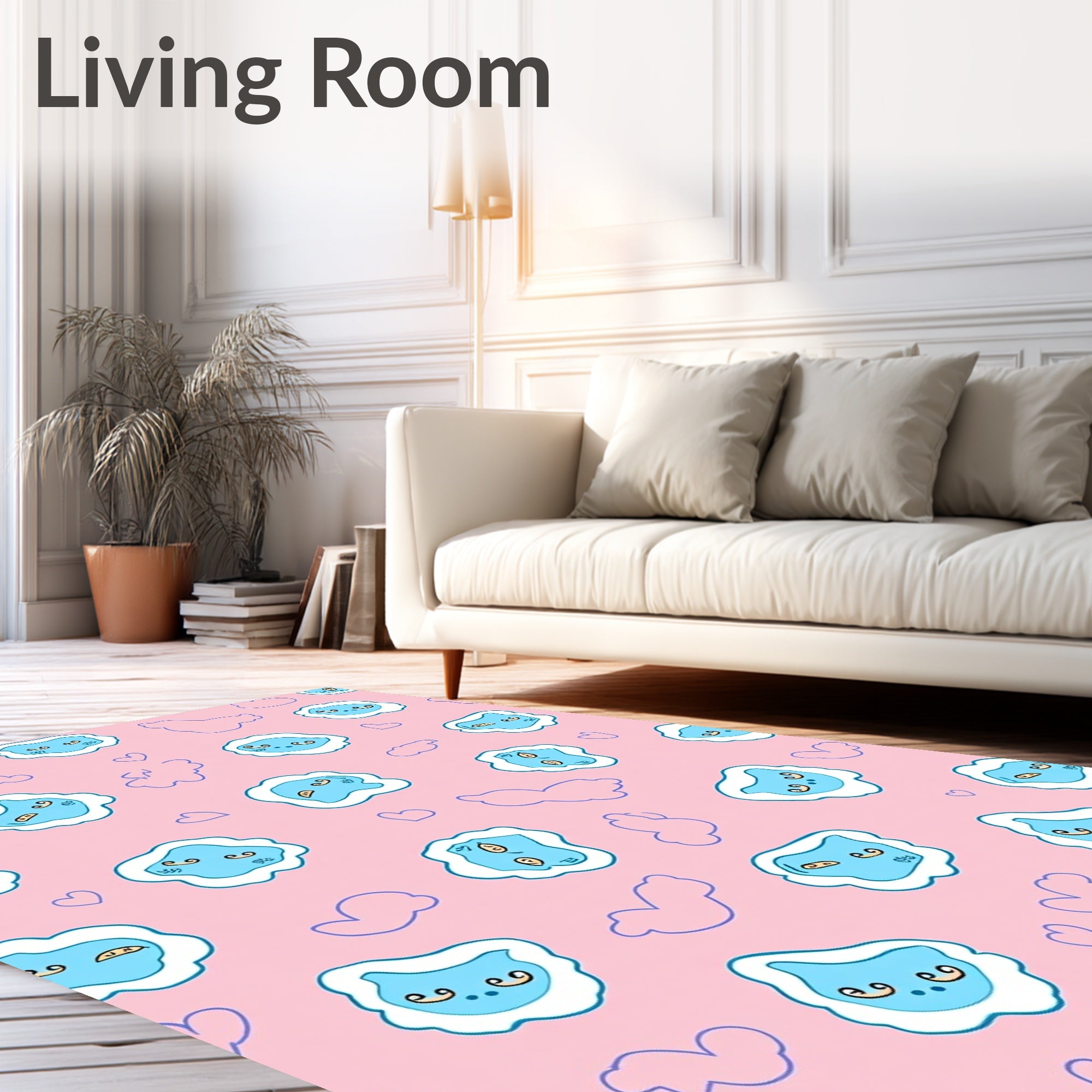 Playful Blue Cloud Cat Faces Rug