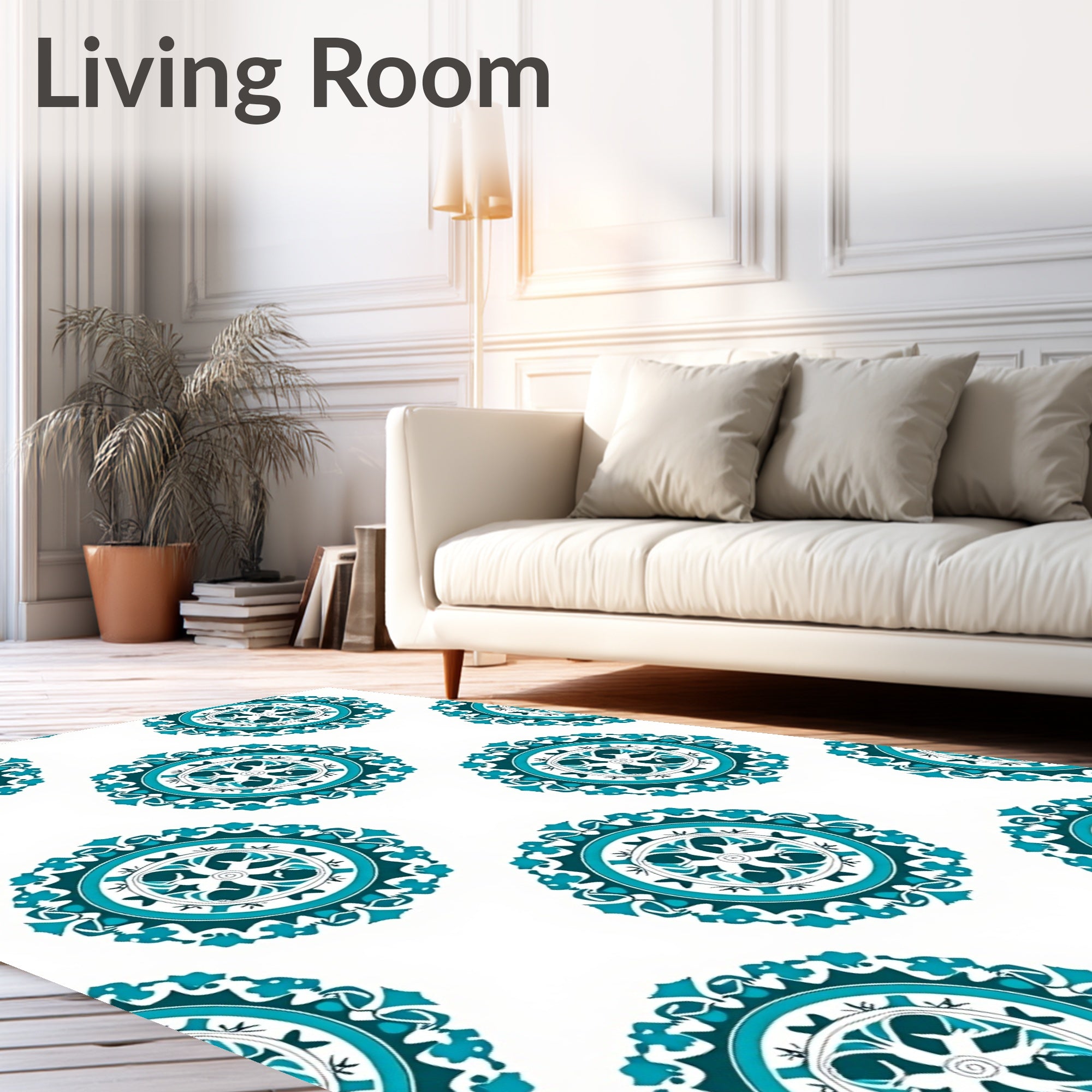 Teal White Circular Medallion Arrangement Rug